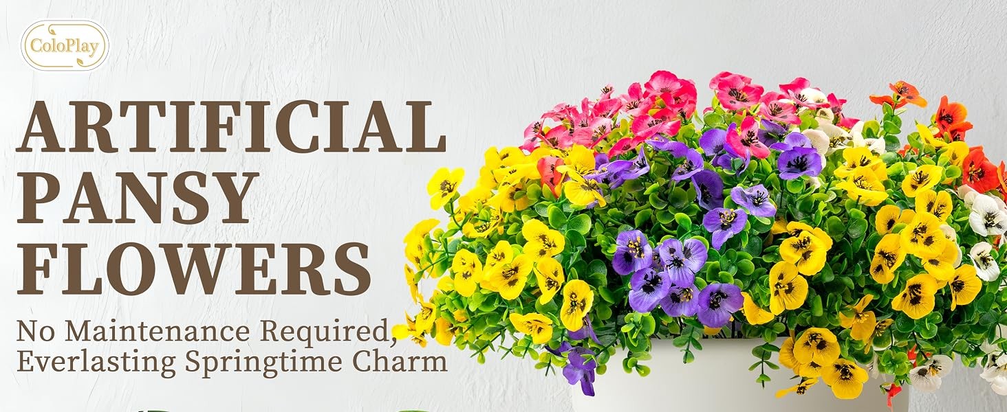 20 Bundles Artificial Fake Pansy Flowers for Outdoor | Yellow, White, Purple,