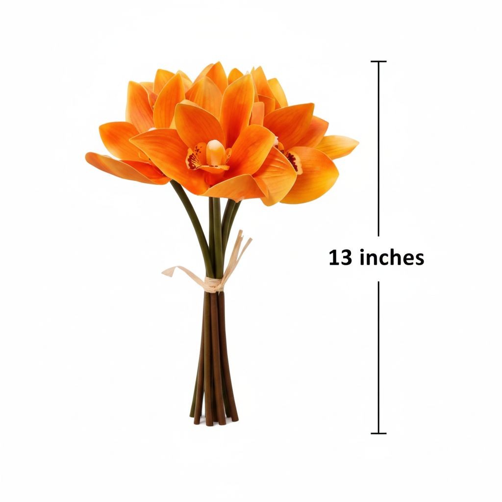 Artificial Orange Orchid Bouquet Real Touch Cymbidium Flowers 6 Stem Bundle