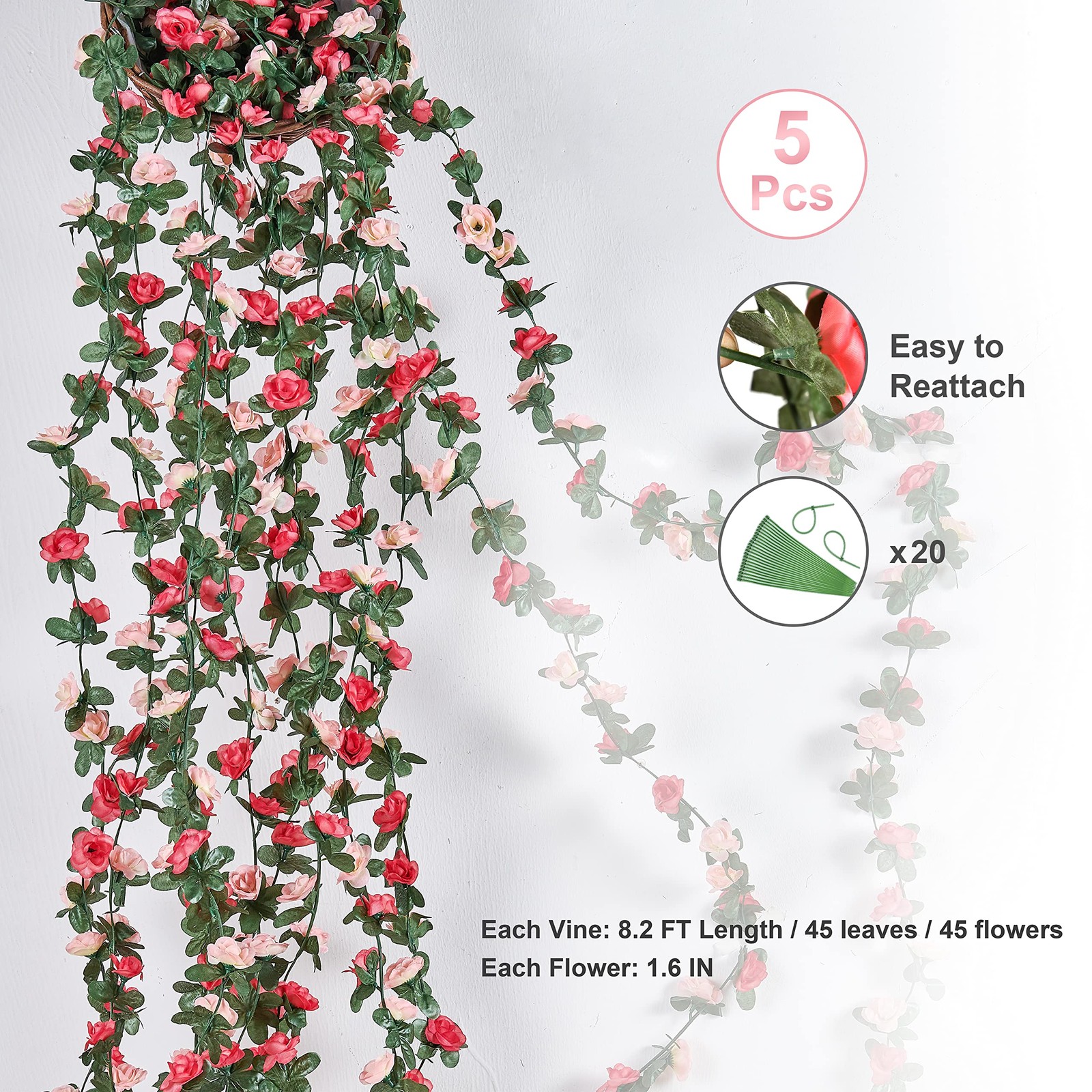 5Pcs 41Ft Flower Garland Artificial Rose Vines for Bedroom, Cute Fake Hanging…