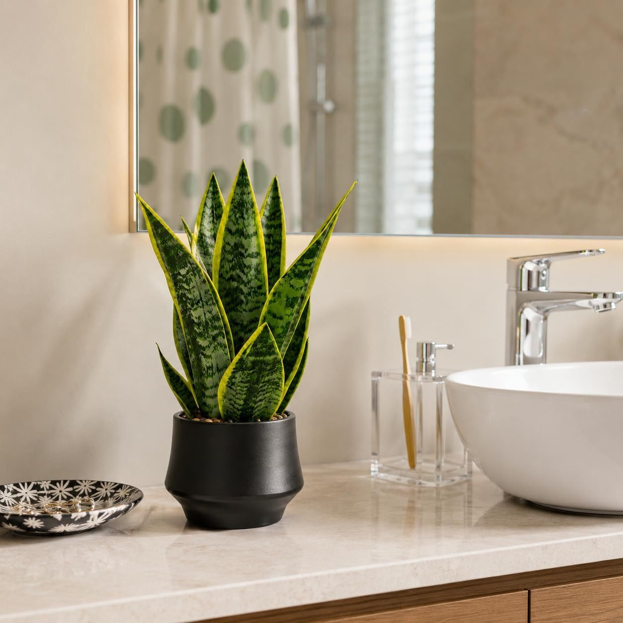Realistic Artificial Snake Plant 15″ in Ceramic Pot – Faux Sansevieria Indoor De