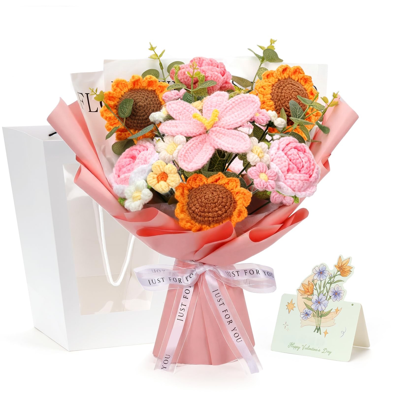 Hand-Made Crocheted Flower Bouquet, 24 Flowers and 15″ Tall, Taller and Plump…