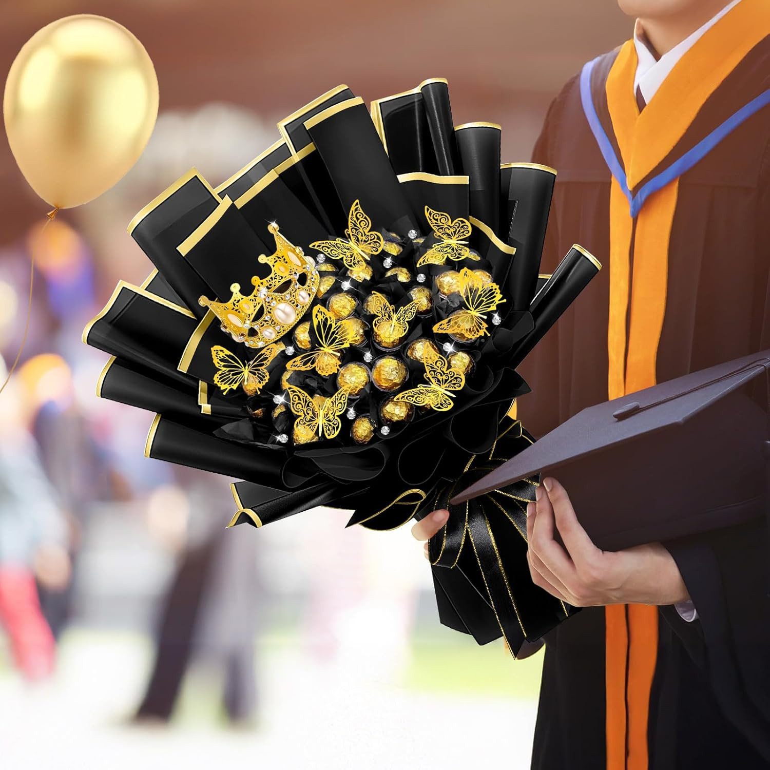 Graduation DIY Chocolate Flower Bouquet Kit with Acrylic Holder and Ribbon