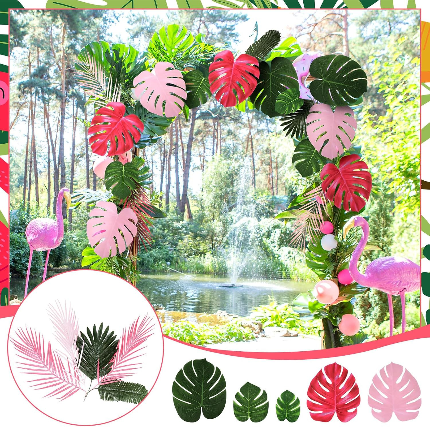 46 Pcs Tropical Artificial Palm Leaves Monstera Decoration Green Hot Pink Set fo
