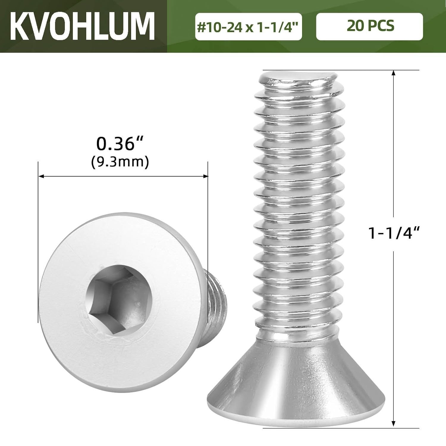 20 PCS #10-24 X 1-1/4″ Flat Head Socket Cap Screws Bolts, Countersunk Allen Bolt