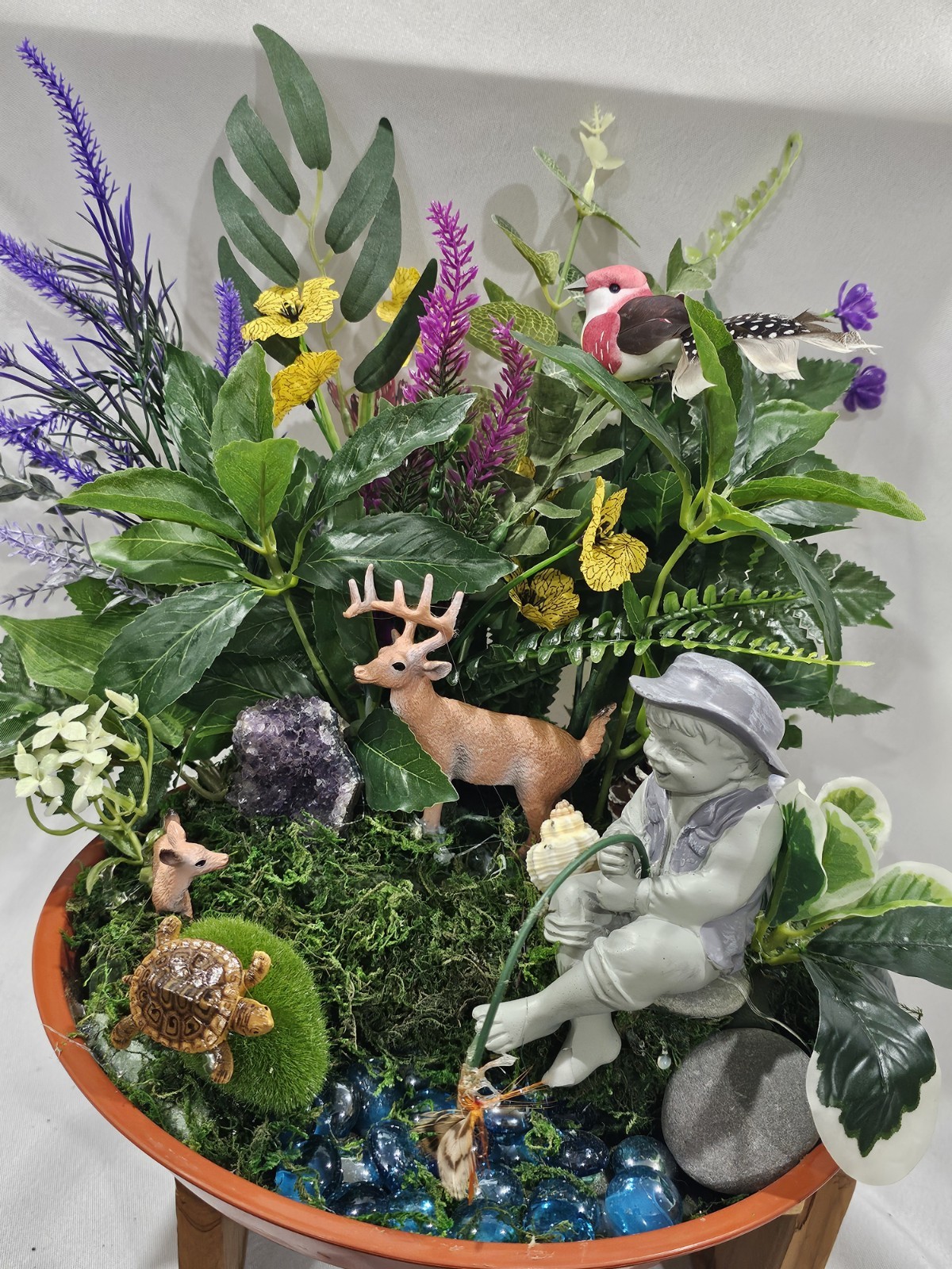 Dish Garden Artificial Flowers greenery Arrangement BOY FISHING deer other