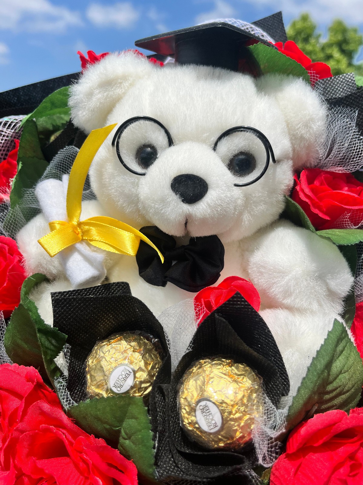 Graduation Bouquet with Teddy Bear, Ferrero Rocher & Red Roses