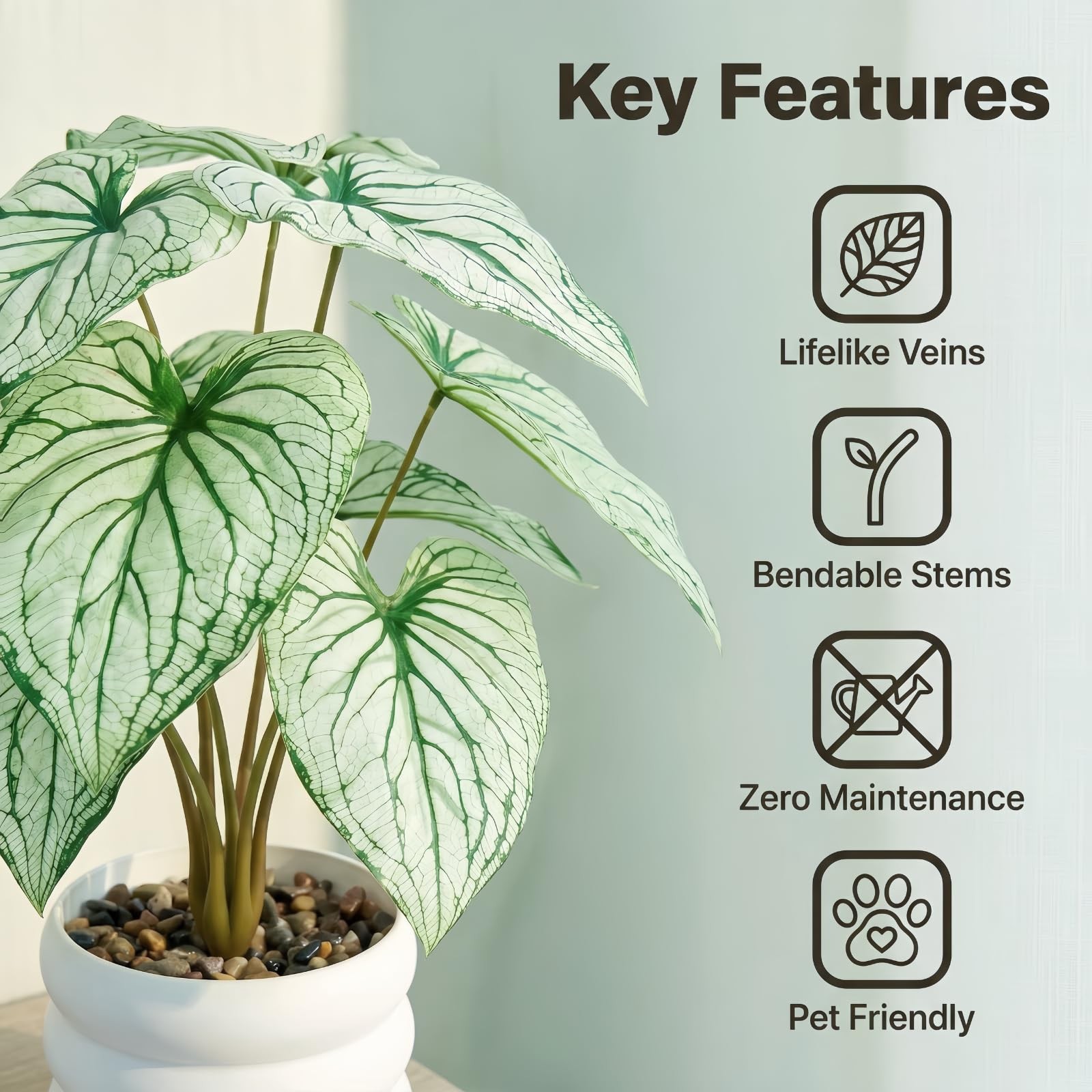 Faux Caladium Bicolor Plants in White Pot, 15.7″ Tall Fake Alocasia Potted Se…