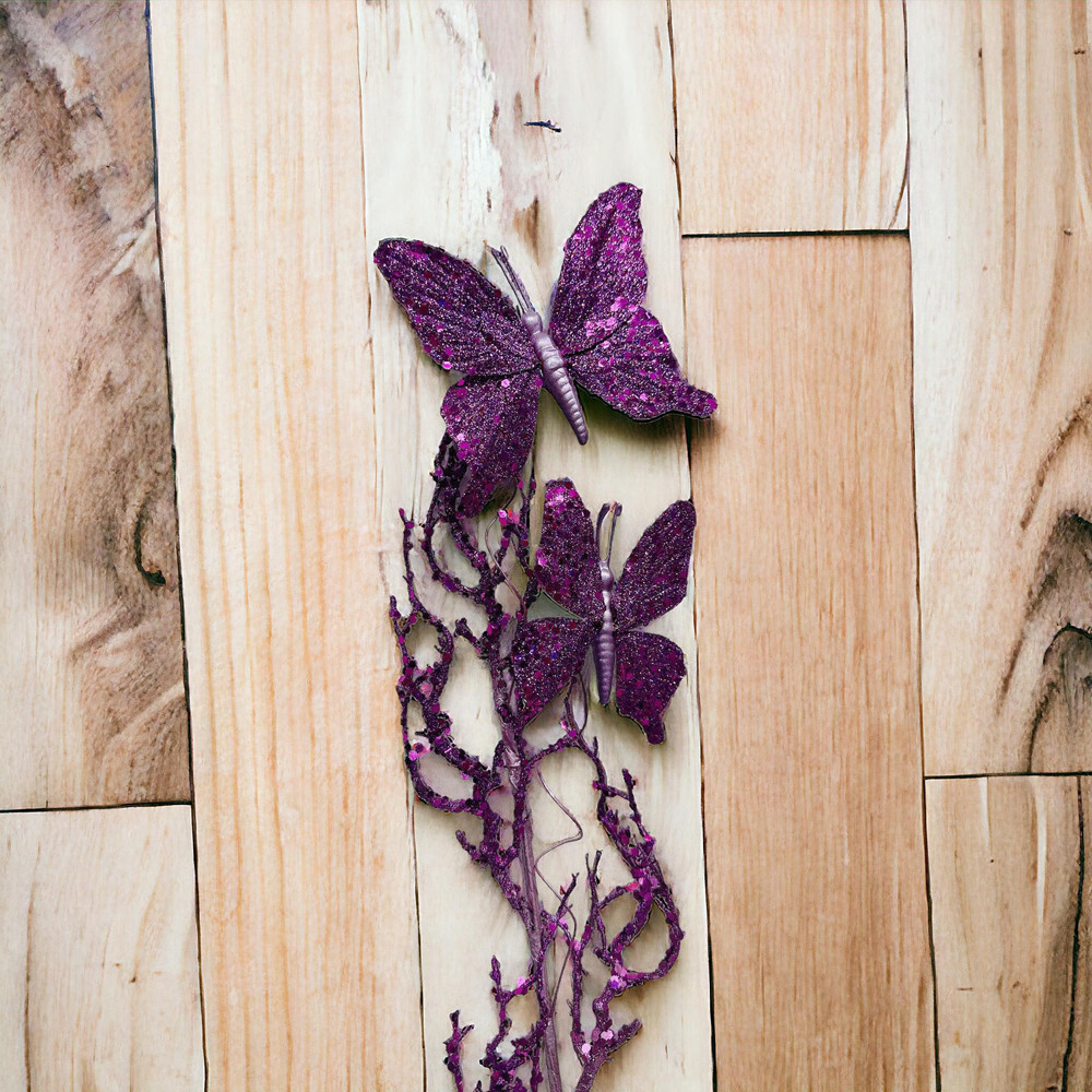 Glitter Twig With 2 Butterflies Dead Twig Branch Window Outdoor Indoor Decor 31″