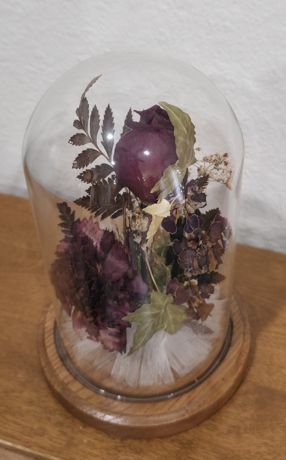 Vtg Dried Flowers Rose In Glass Dome W Wood Base 8 X 5in