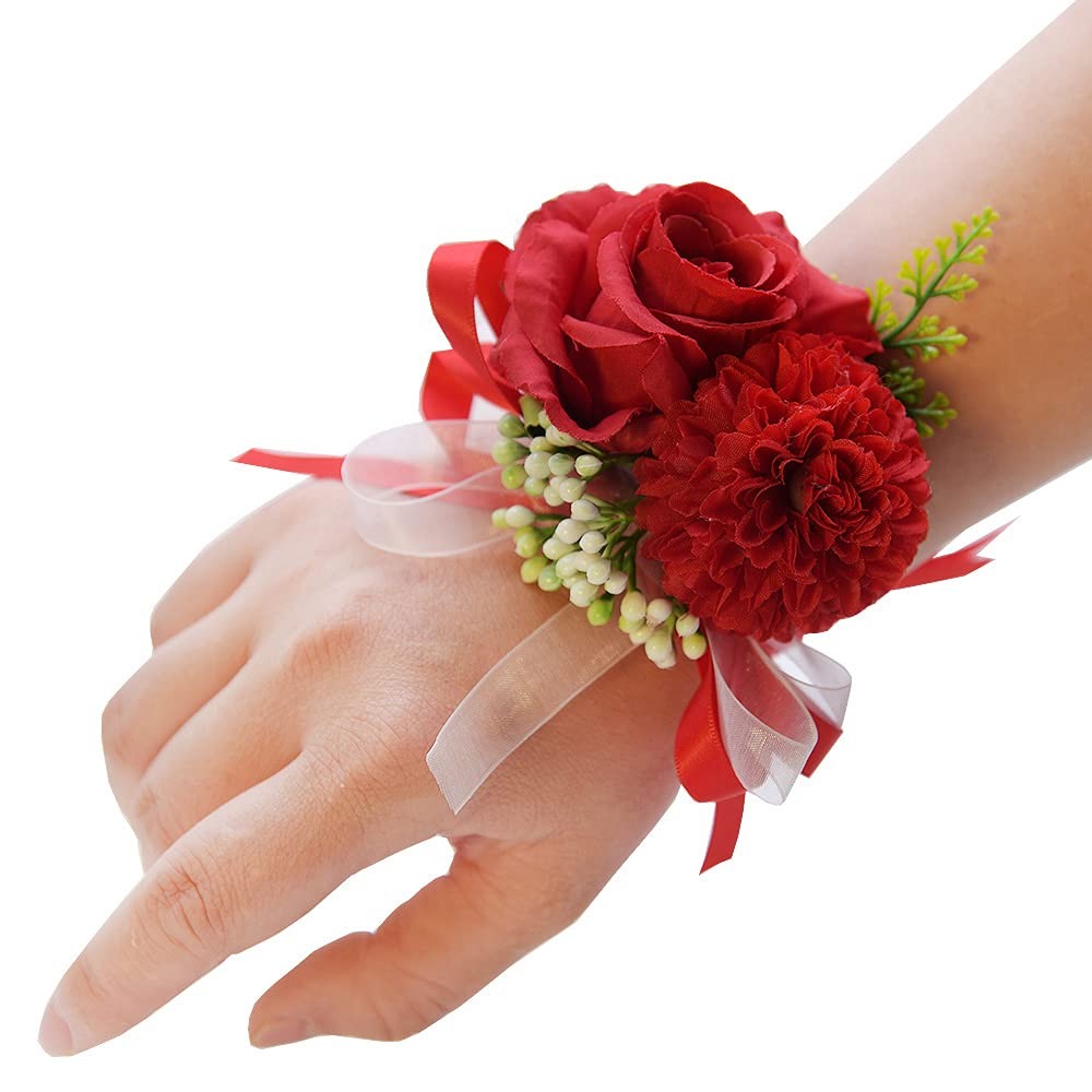 2PCS Rose Flower Wrist Corsage Boutonniere Set Handmade Artificial Corsage Se…