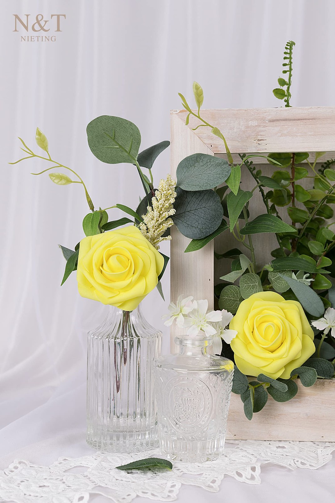 25 PCS Artificial Flowers Yellow Fake Roses for Wedding Bouquet DIY Decor