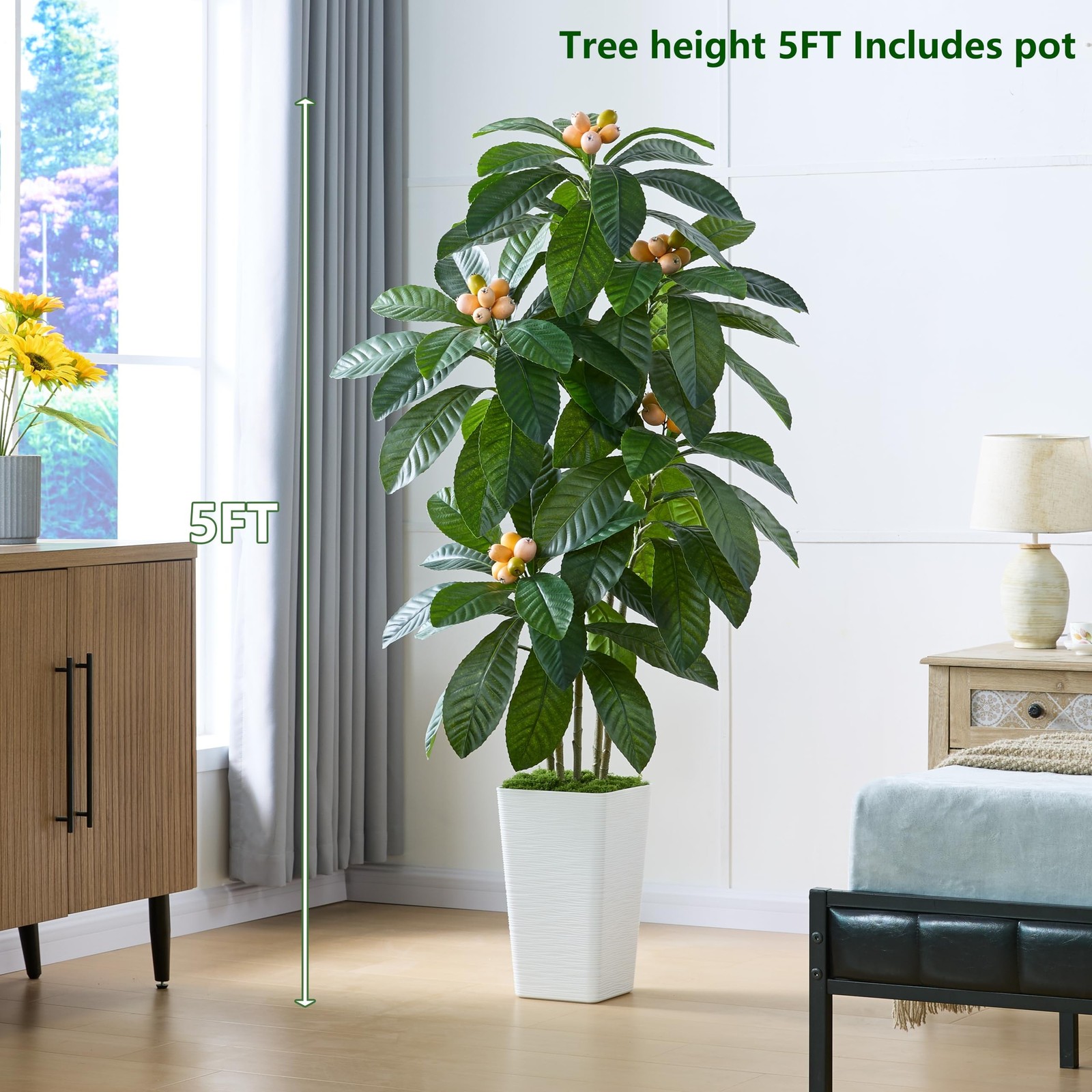 TXABL Artificial Fruit Tree 5FT, Fake Loquat Tree Indoor White Tall Planter