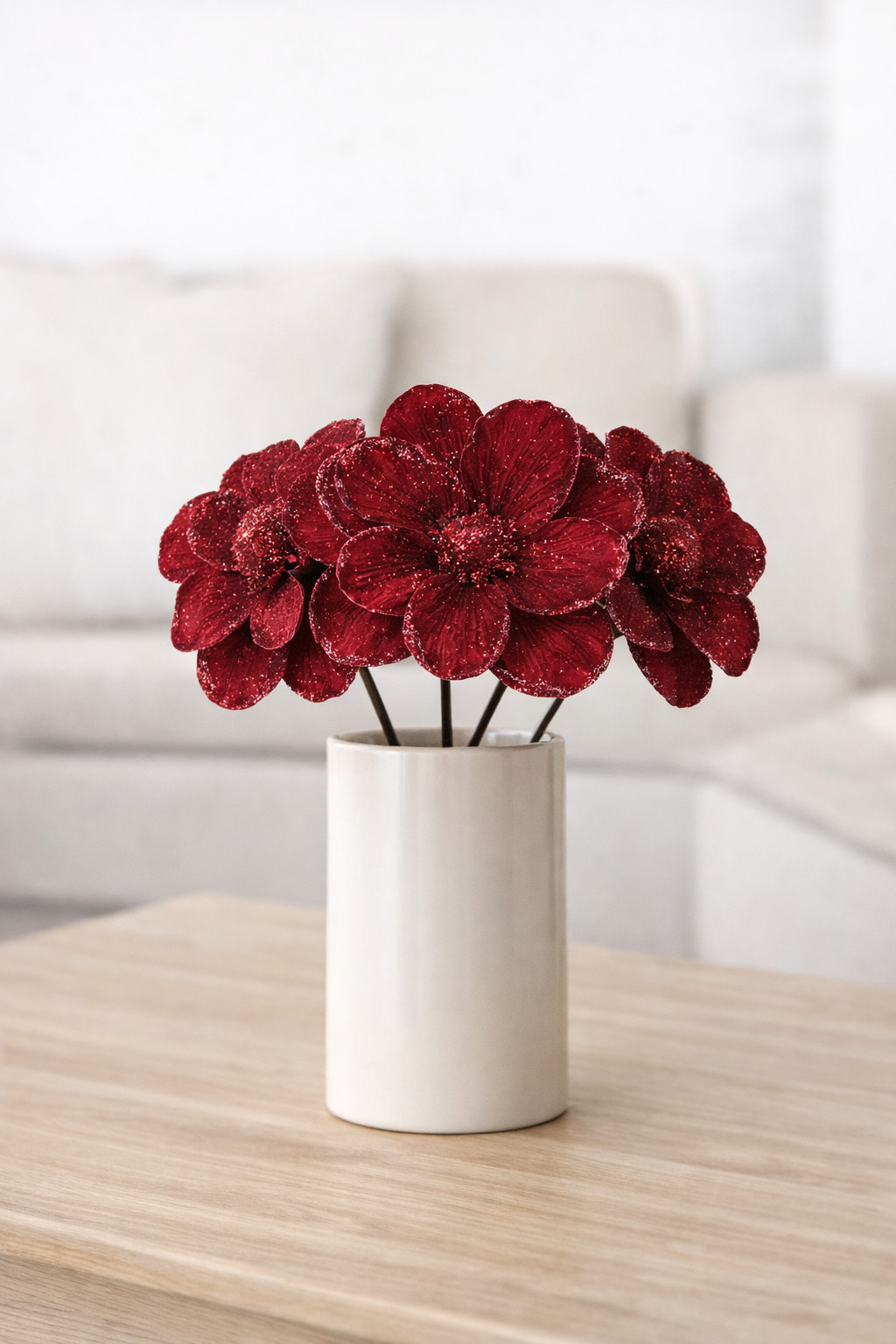 12 Pcs Velvet Poinsettia Burgundy Large Magnolia Flowers Red Glitter Ornaments