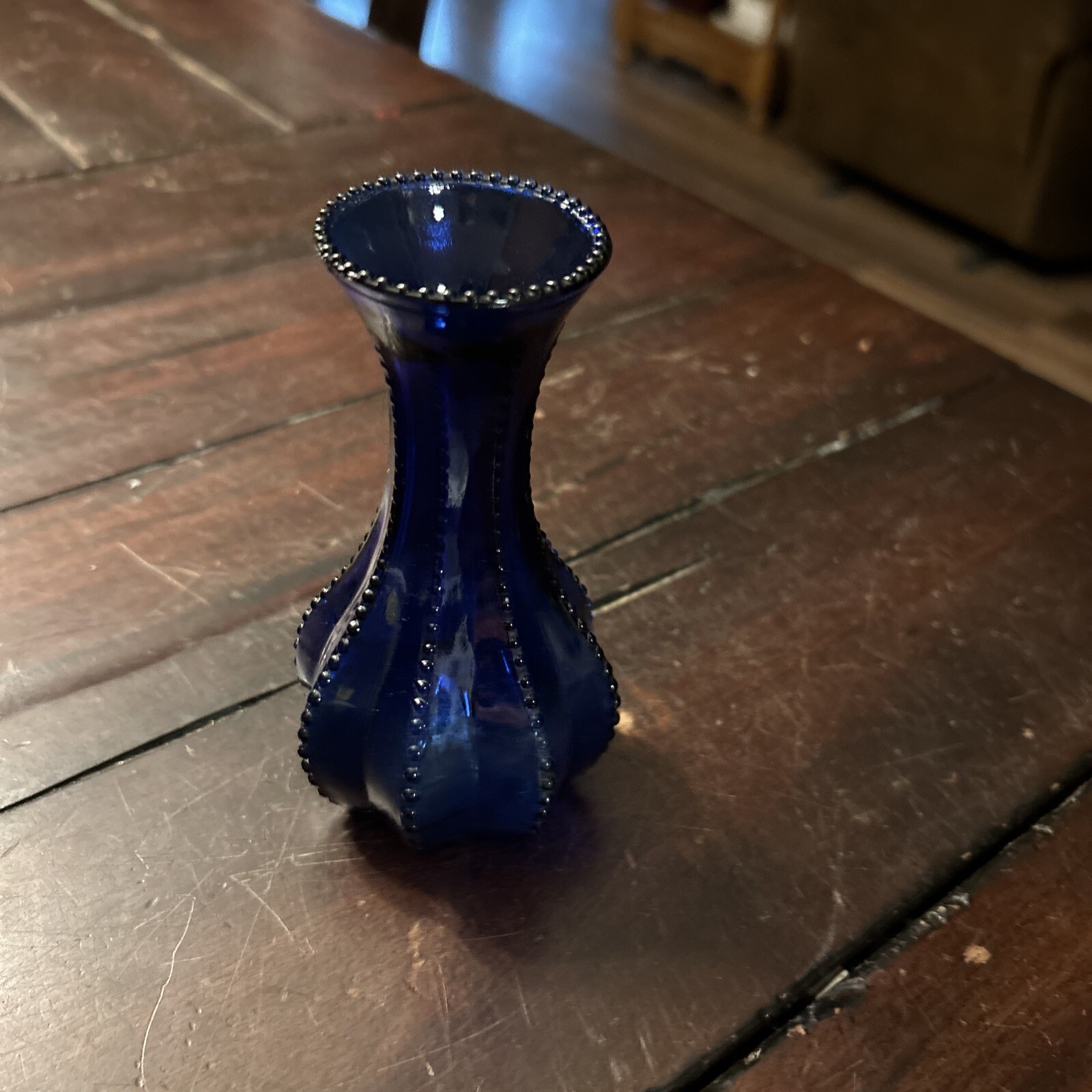 Blue Glass Vase with Decorative Tiny Vertical Glass Beading 5″