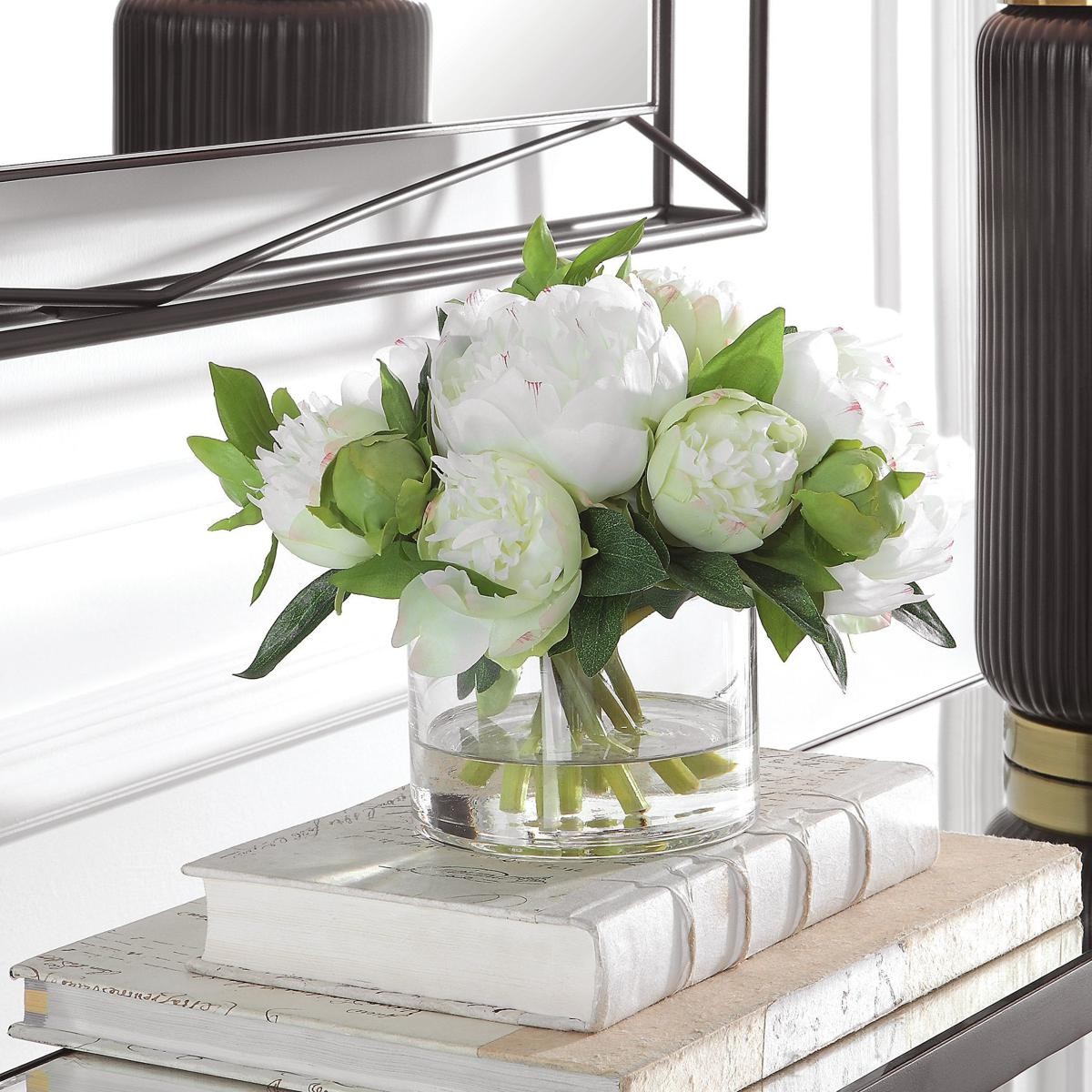 Uttermost 60198 Garden Peony White and Green with Clear Glass Bouquet