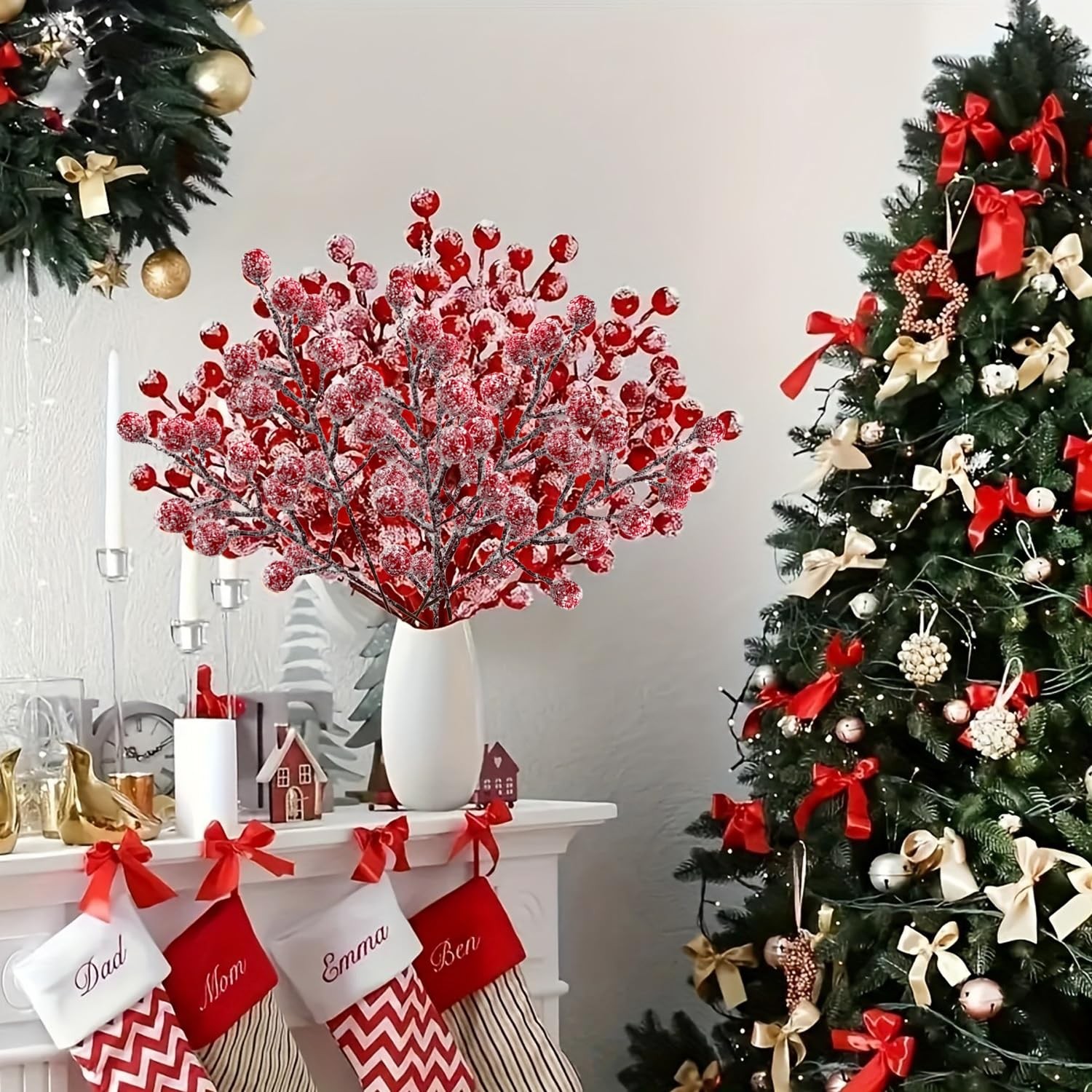 12Pcs Artificial Holly Stems 7.8 Inch Christmas Spray Picks with Snow Red Ber…