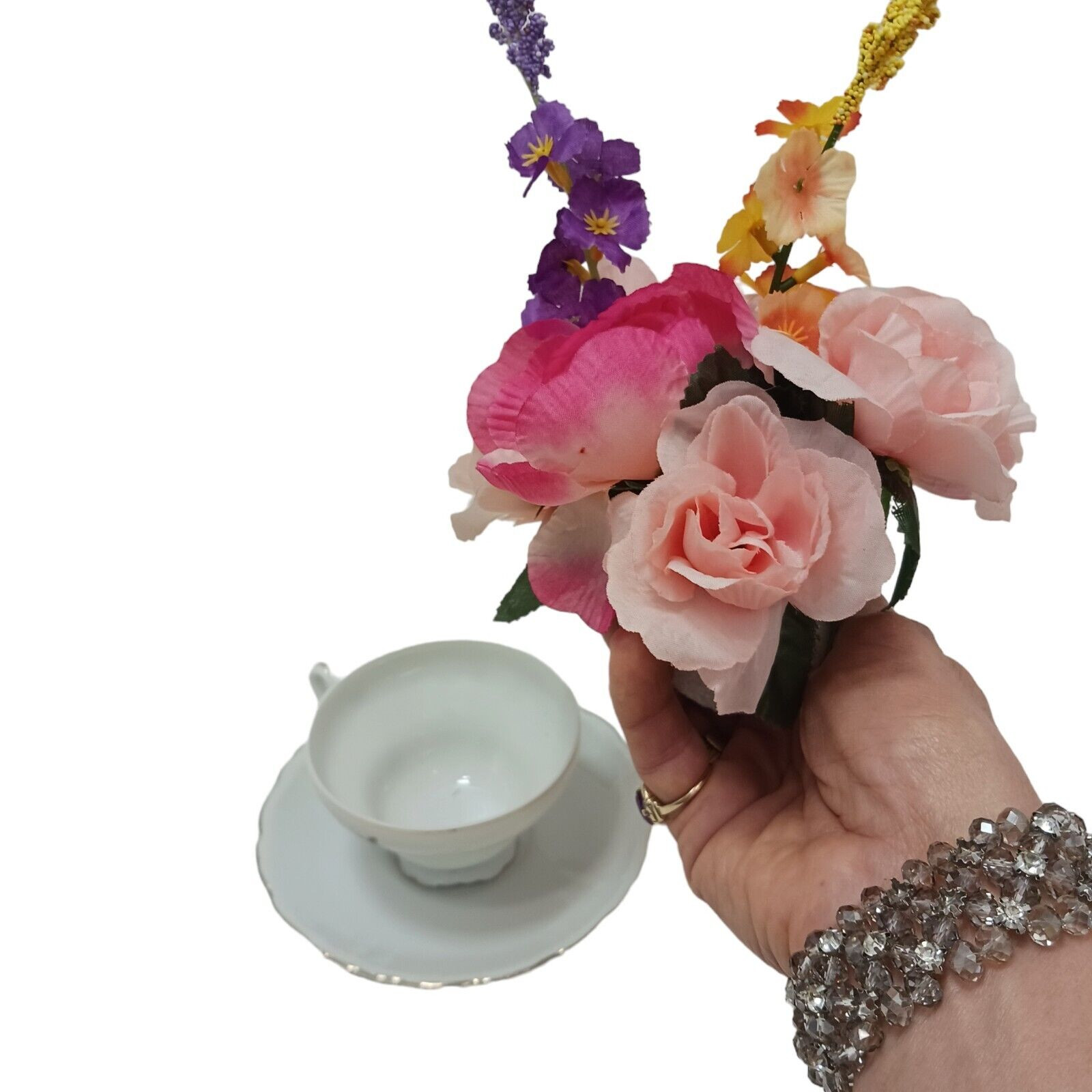 Silk Floral Arrangement POP-IN for your Tea Cup Party Birthday Bridal Home Decor