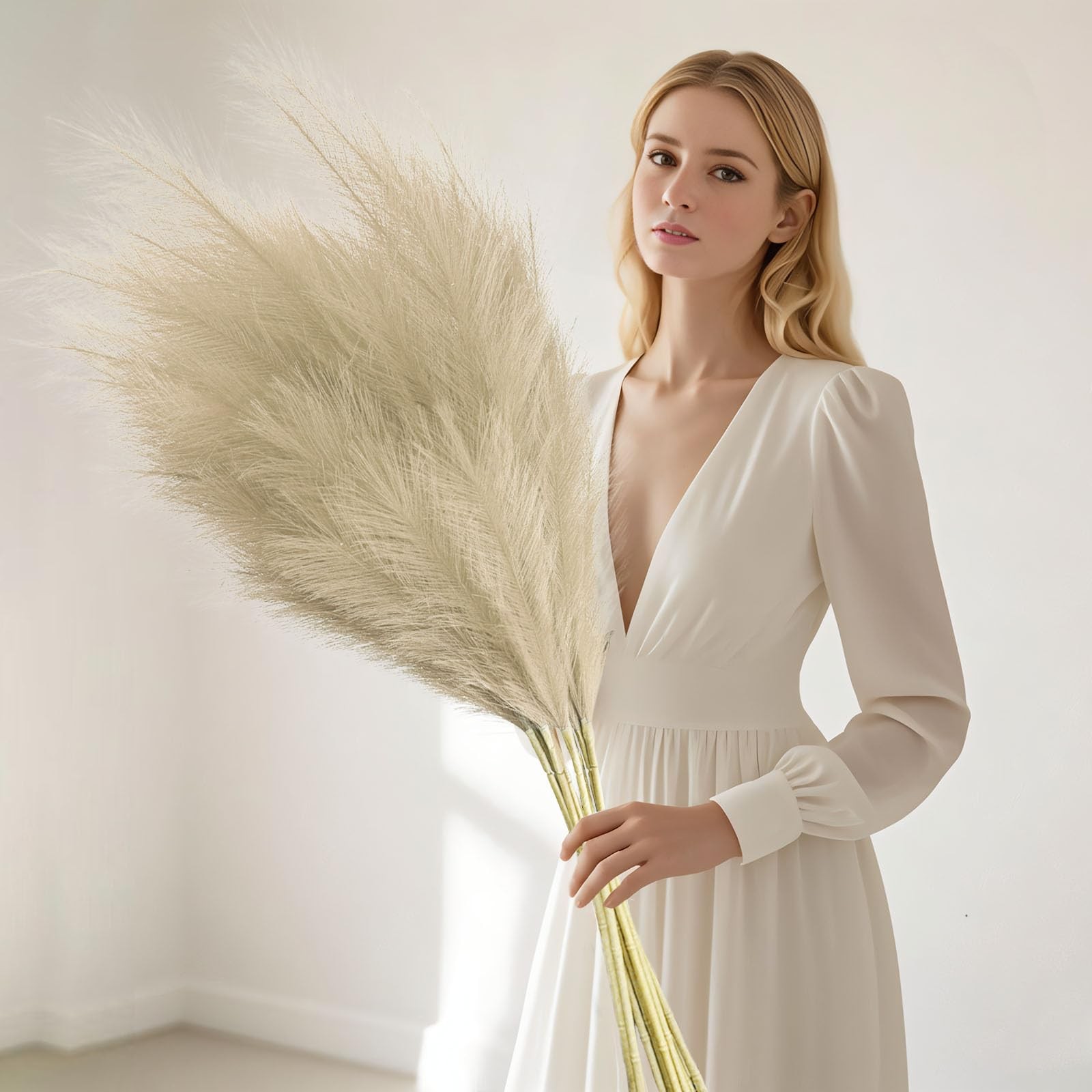 30 PCS 17 In Light Coffee Faux Pampas Grass Short Fluffy Faux Pompas