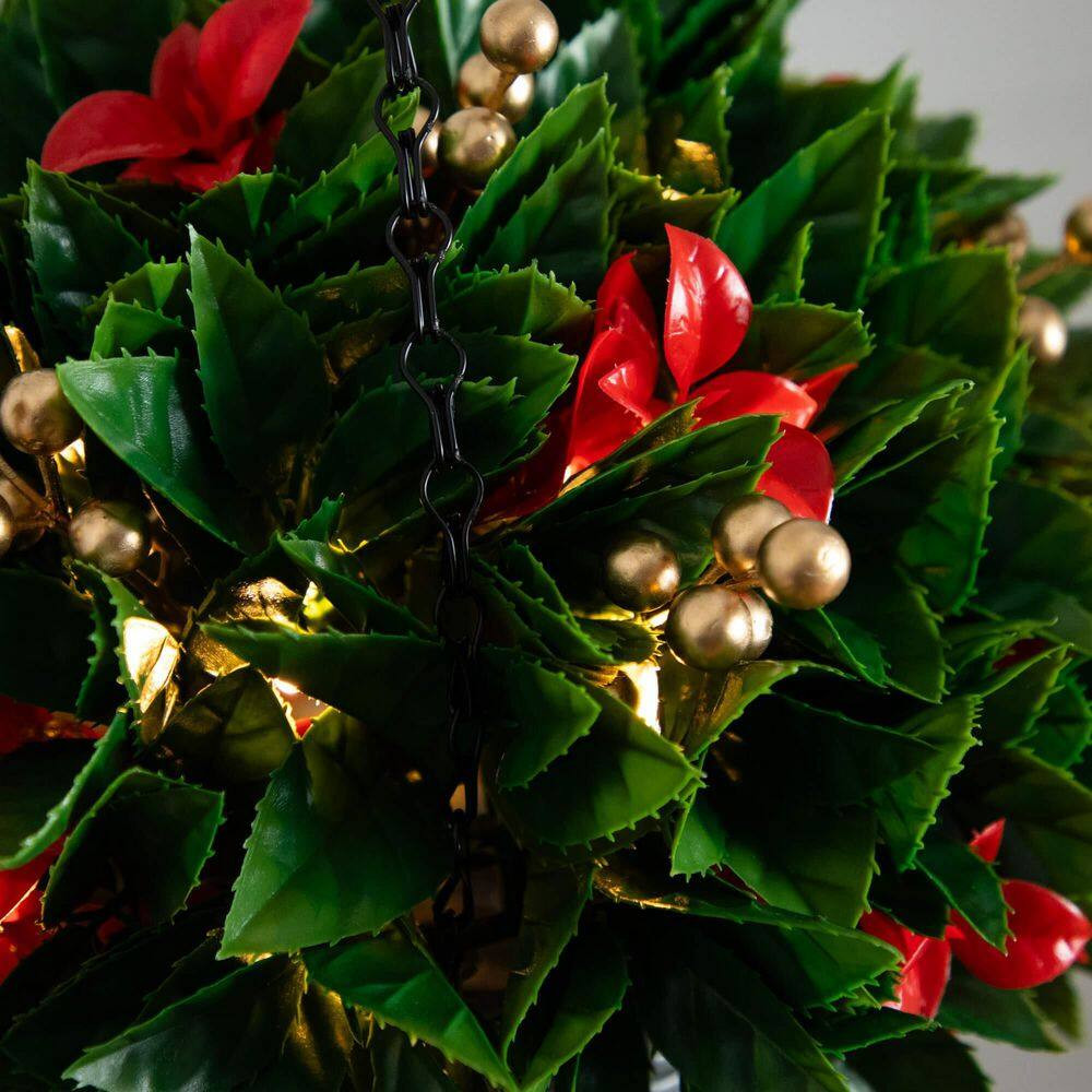 24 In. Pre-Lit UV Resistant Faux Red Tip Photinia & Gold Berries Christmas Hangi