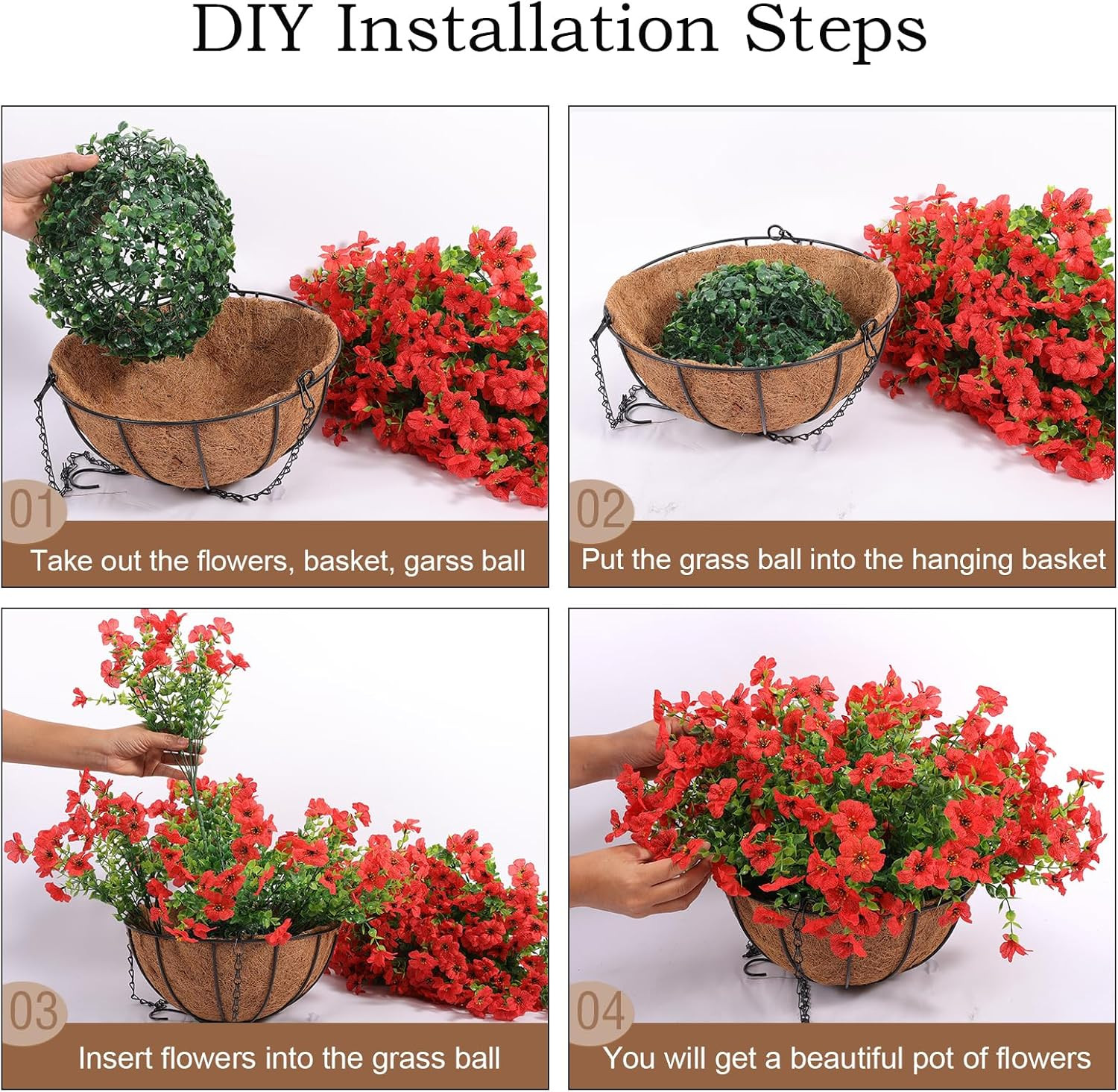 24 Pcs Red Artificial Flowers in Hanging Baskets for Outdoor Decor – 2 Pack