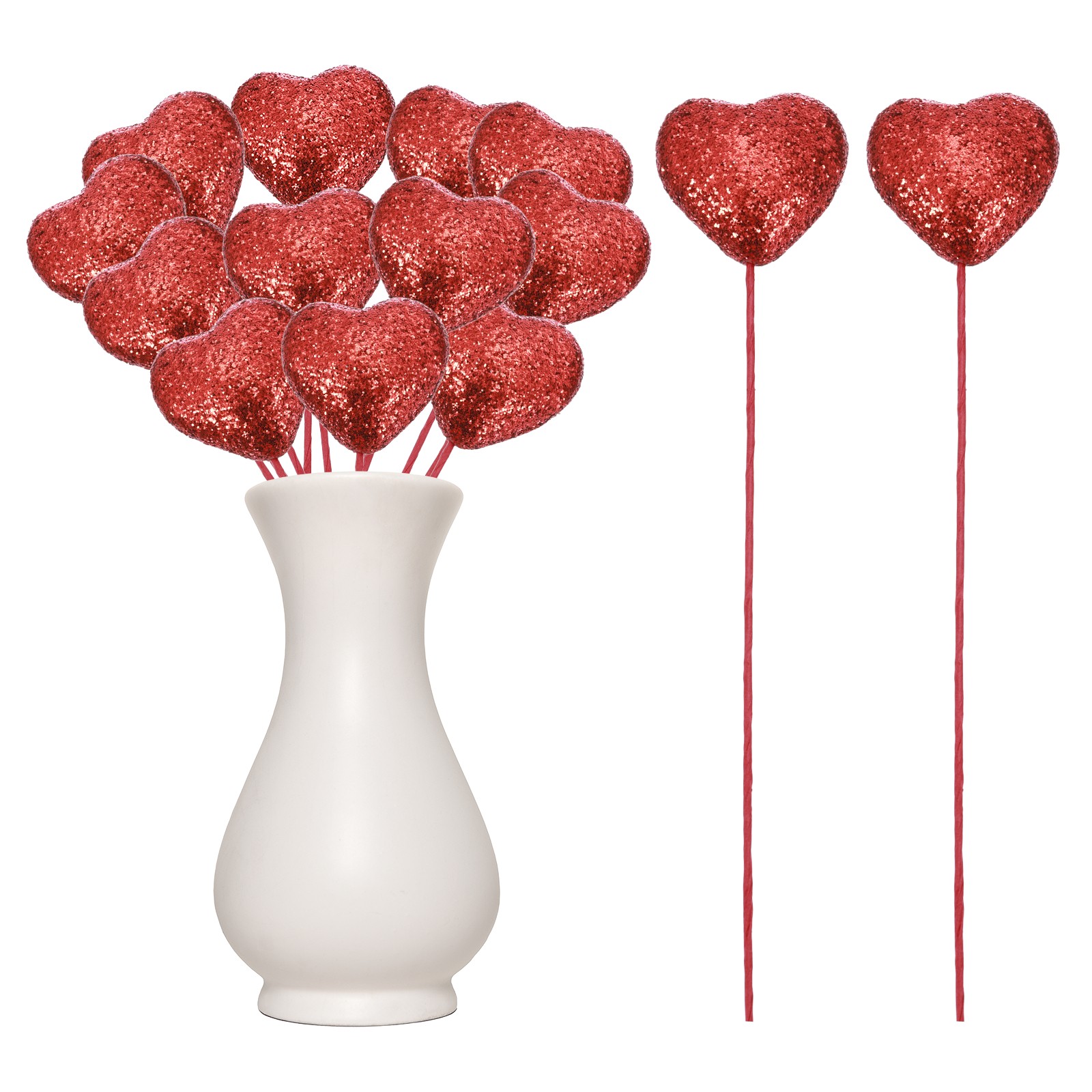 12 Pcs Glitter Heart Shaped Picks Puffy Foam Hearts Stick (Red, 4cm x 22cm)