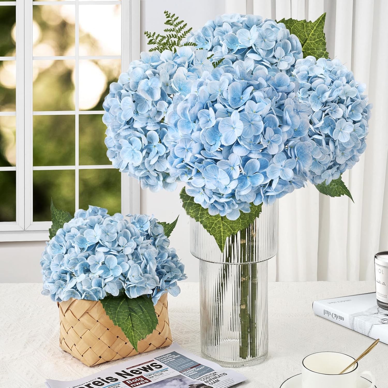 3Pcs 21″ Real Touch Blue Hydrangea Artificial Flowers, Realistic Latex Faux H…