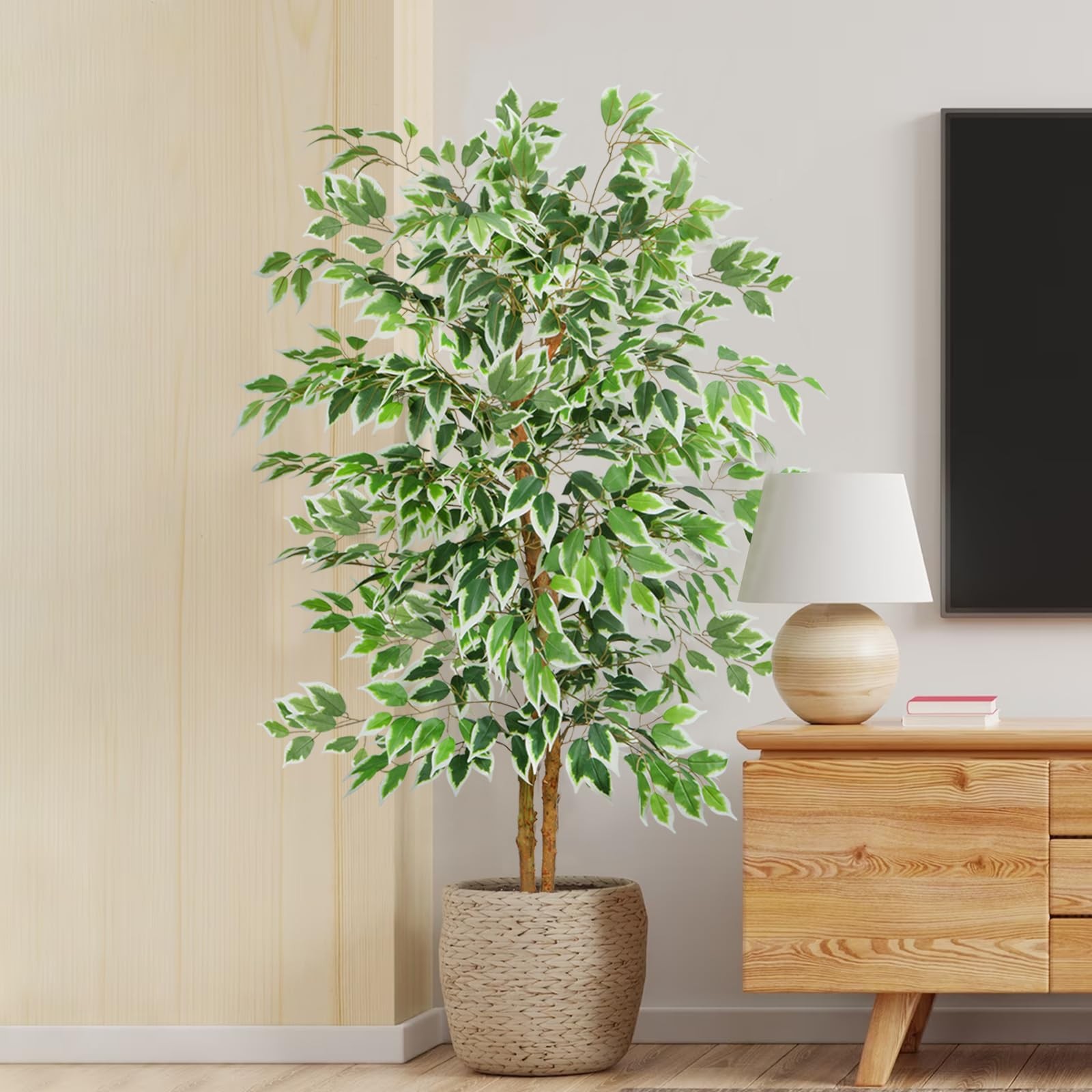 5ft Ficus Tree Artificial, Tall Fake Tree with Natural Trunk Faux Trees Indoo…