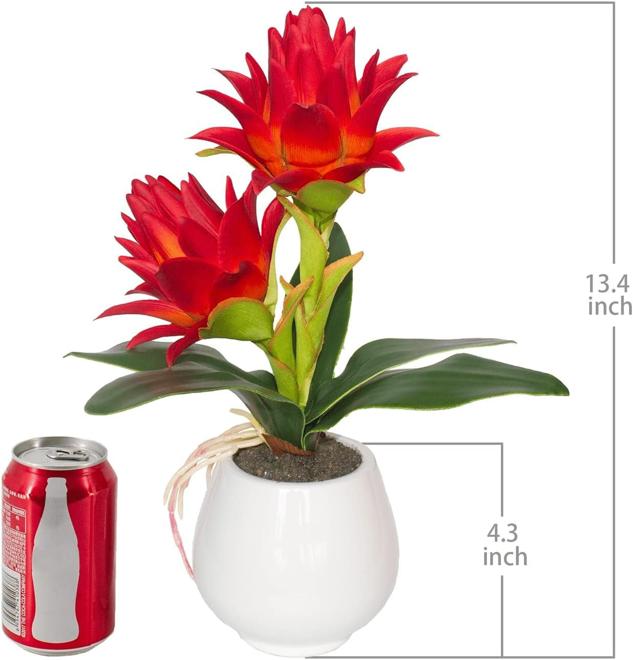 Red Bromeliad Faux Plant in Vase – 13.4 Inch Tropical Home Decor