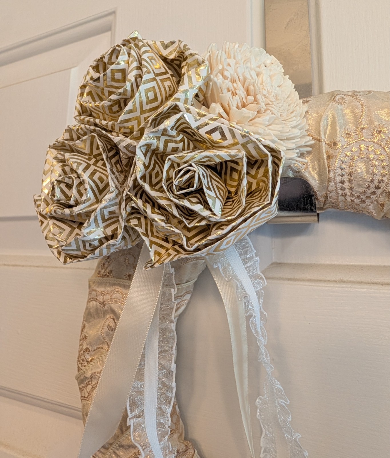 11″ handmade wreath gold, cream & white colored ribbon flowers wall decor