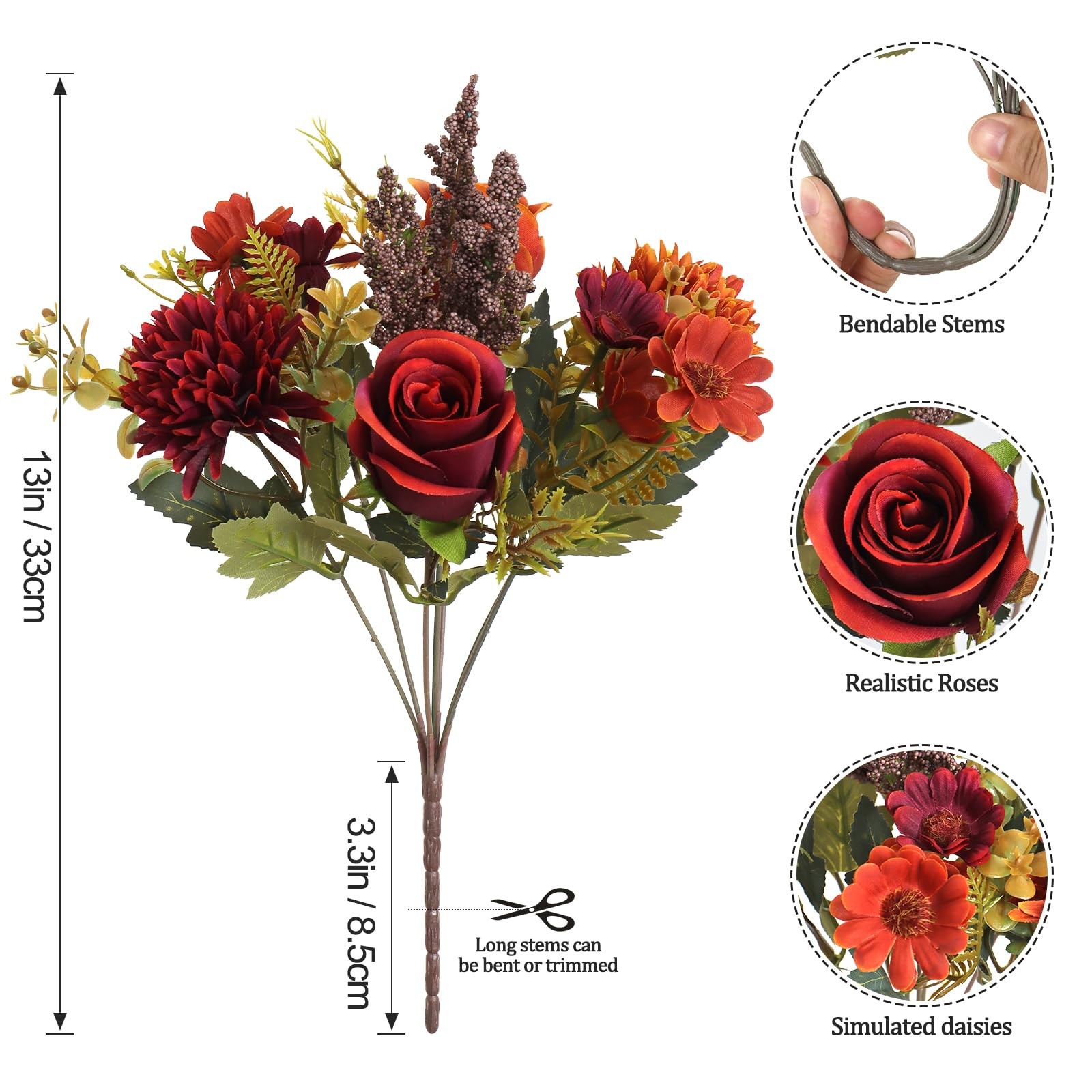 2 PCS Artificial Bouquet Silk Roses Daisy Chrysanthemum Orange Red Flowers