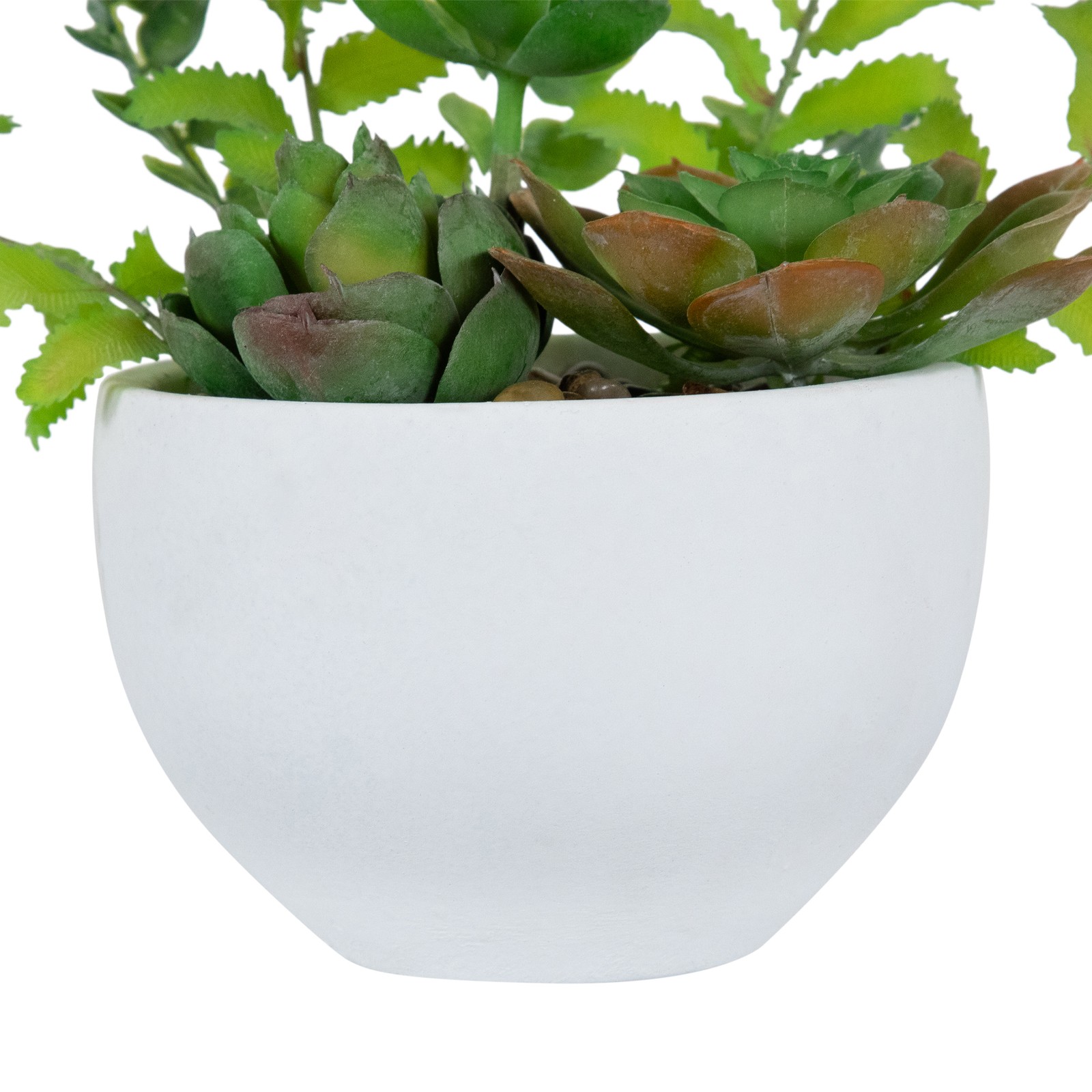 11.5″ Artificial Mixed Red and Green Succulent and Fern Plants in a White Crackl