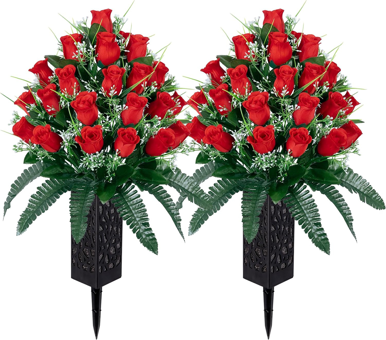 Artificial Cemetery Flowers Set with Vase – Lasting Red Rose Arrangements