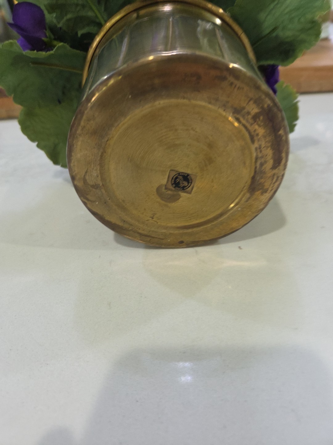 Artificial Miniature African Violet Silk Flowers In Solid Brass Pot Plant Decor