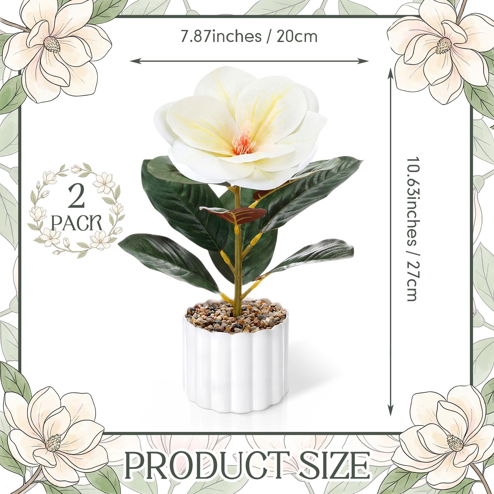 2 Pack 10.6″ Artificial Magnolia Flowers Potted Plant Real to Touch White Mag…