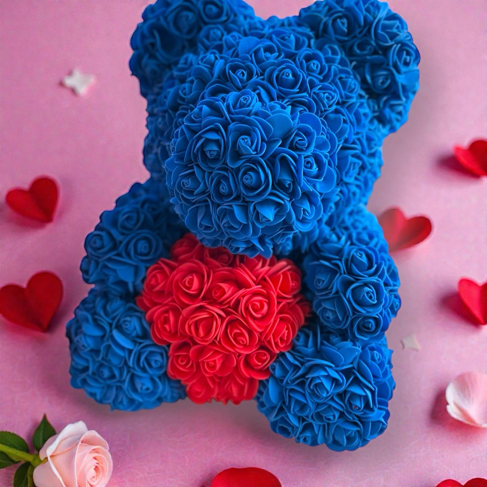 13” Eternal Rose Teddy Bear Blue Valentine’s Gift Faux Roses Gift Wrapped