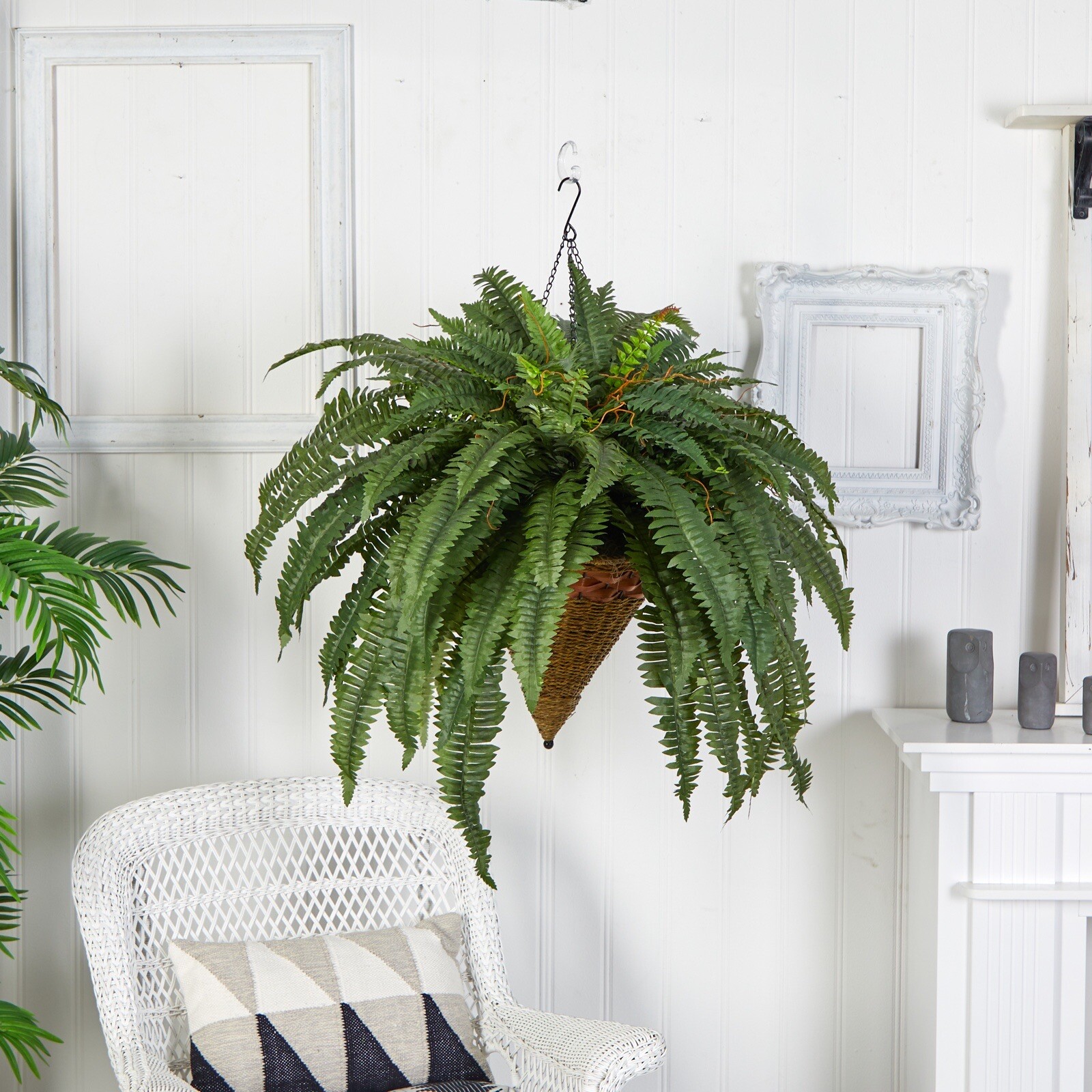 40” Artificial Giant Boston Fern w/Cone Hanging Basket Home Decor. Retail $202