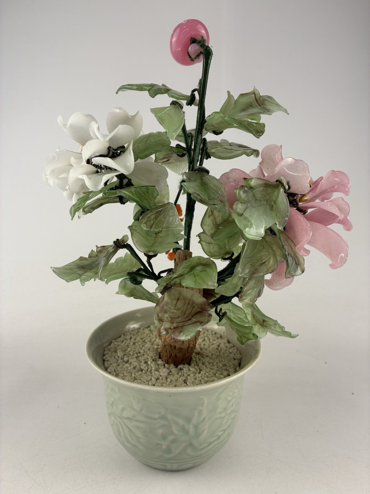 Mid-20th Century Glass Bonsai Flowering Tree ~ Pink & White Flowers 12″