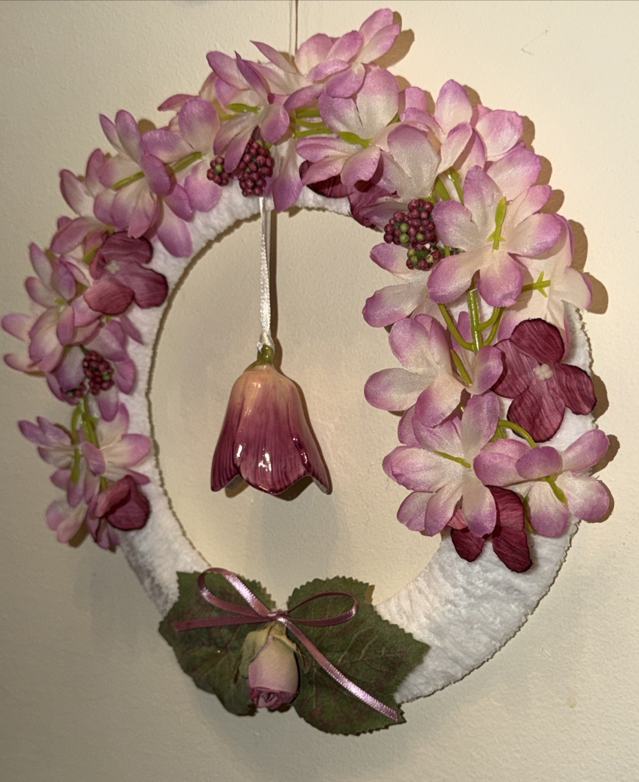 Pink Cherry Blossom Silk Floral Wreath W/Bell-Shaped Dangle Ceramic Flower Cheni