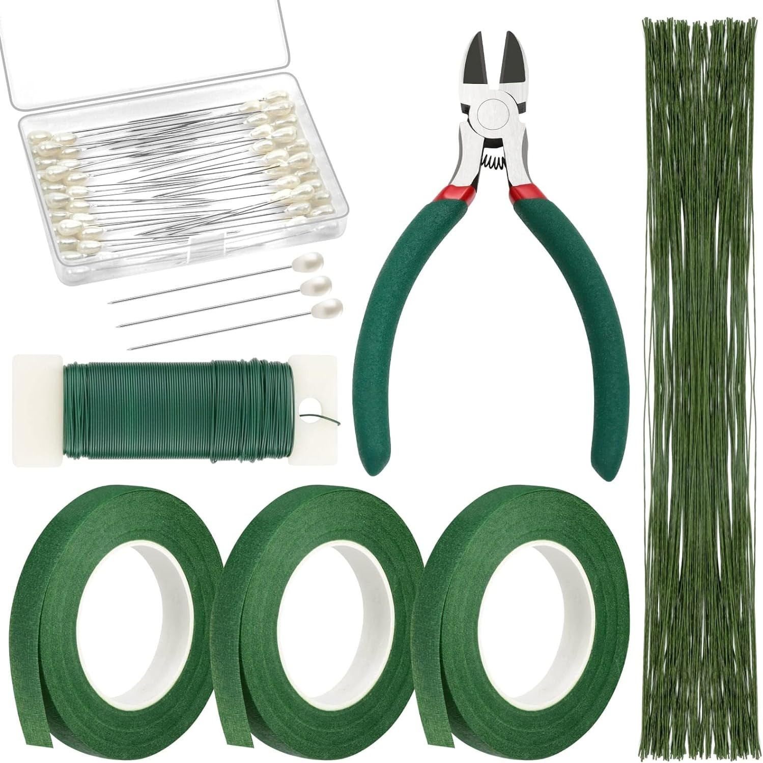 Floral DIY Kit: 100 pcs Wire, 3 Rolls Tape & Boutonniere Pins for Arrangements
