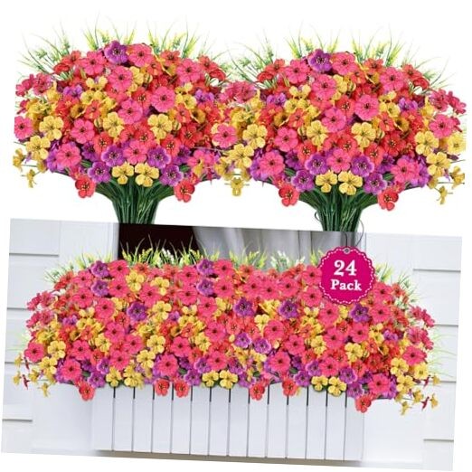 24 Bundles Realistic Fake Flowers for Outdoors, No Fade Faux 24PCS Mix Color