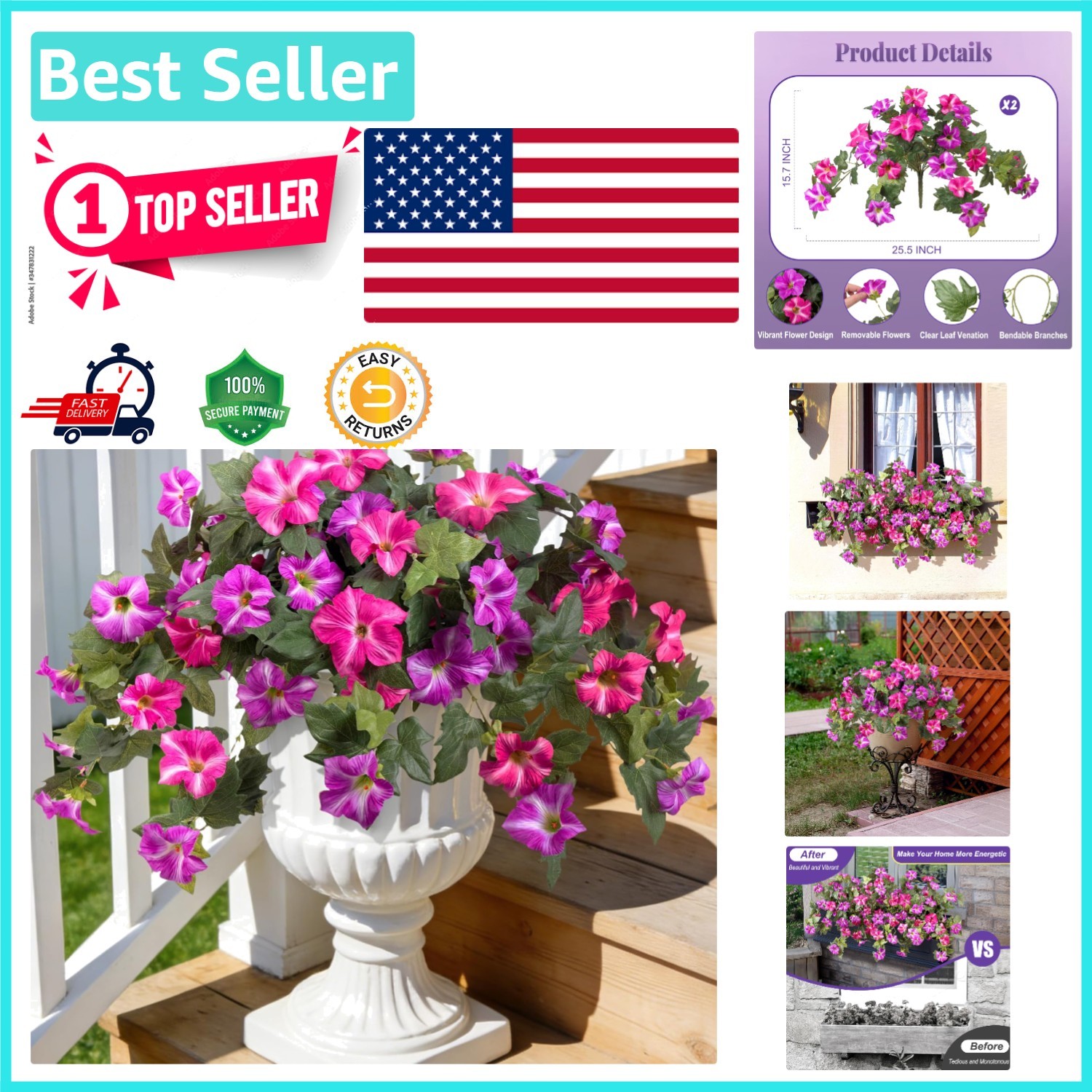 Maintenance-Free Fuchsia Lotus Faux Petunias – 2 Pack for Indoor/Outdoor Beauty