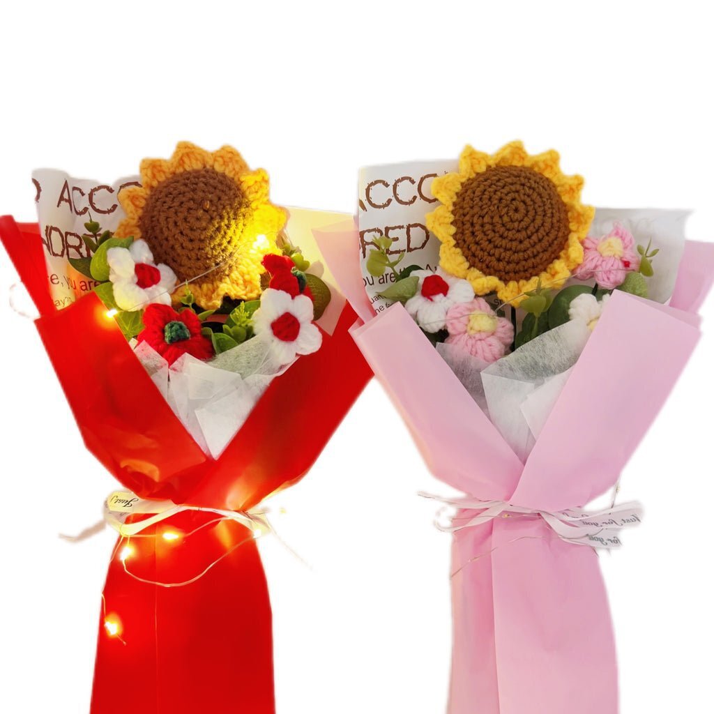 Crochet Flowers Bouquet Sunflower Exquisite Knitted Flower Wrap with Light Ready