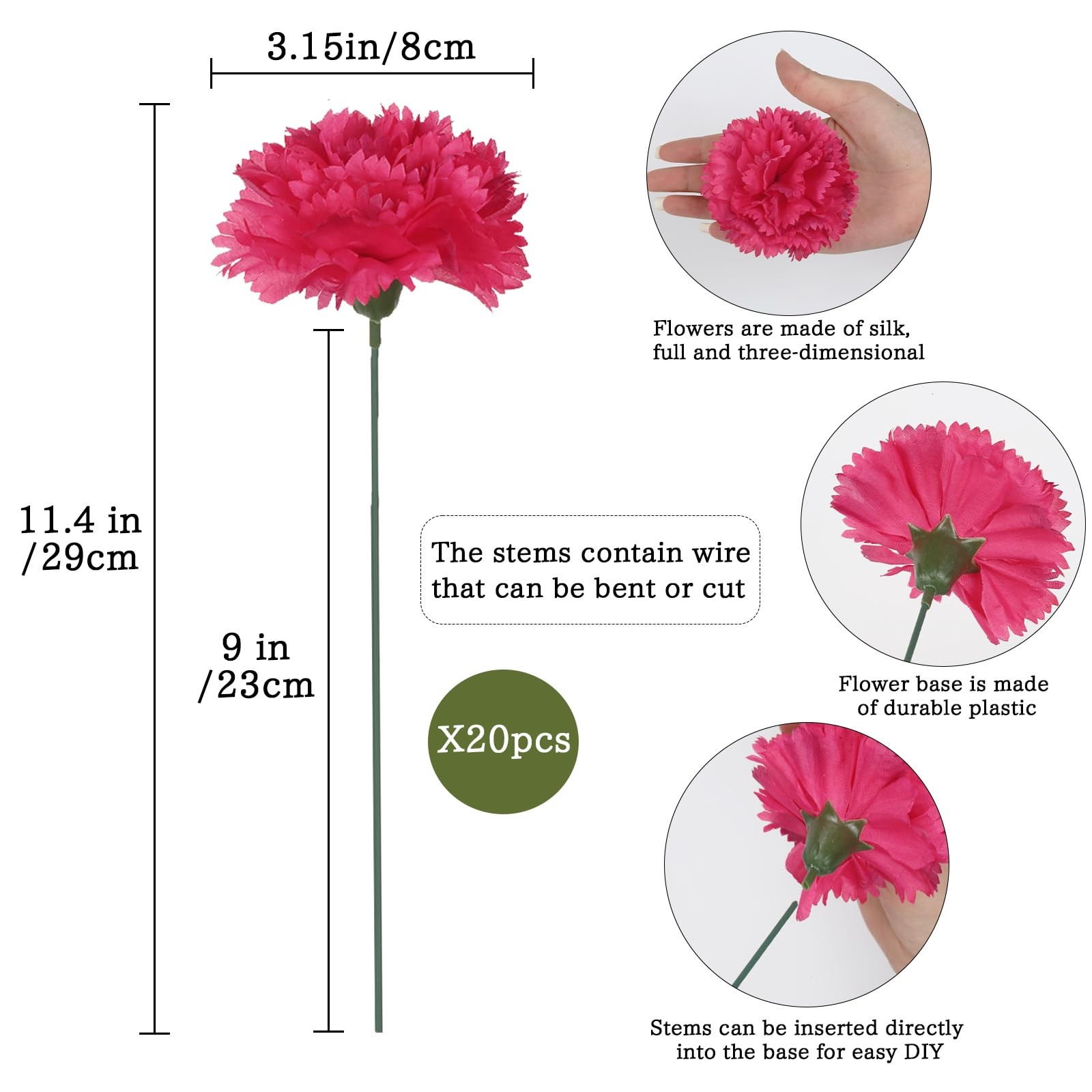 20PCS Carnations Artificial Flowers with Stems, 3.15in Fake Flowers Silk Carn…