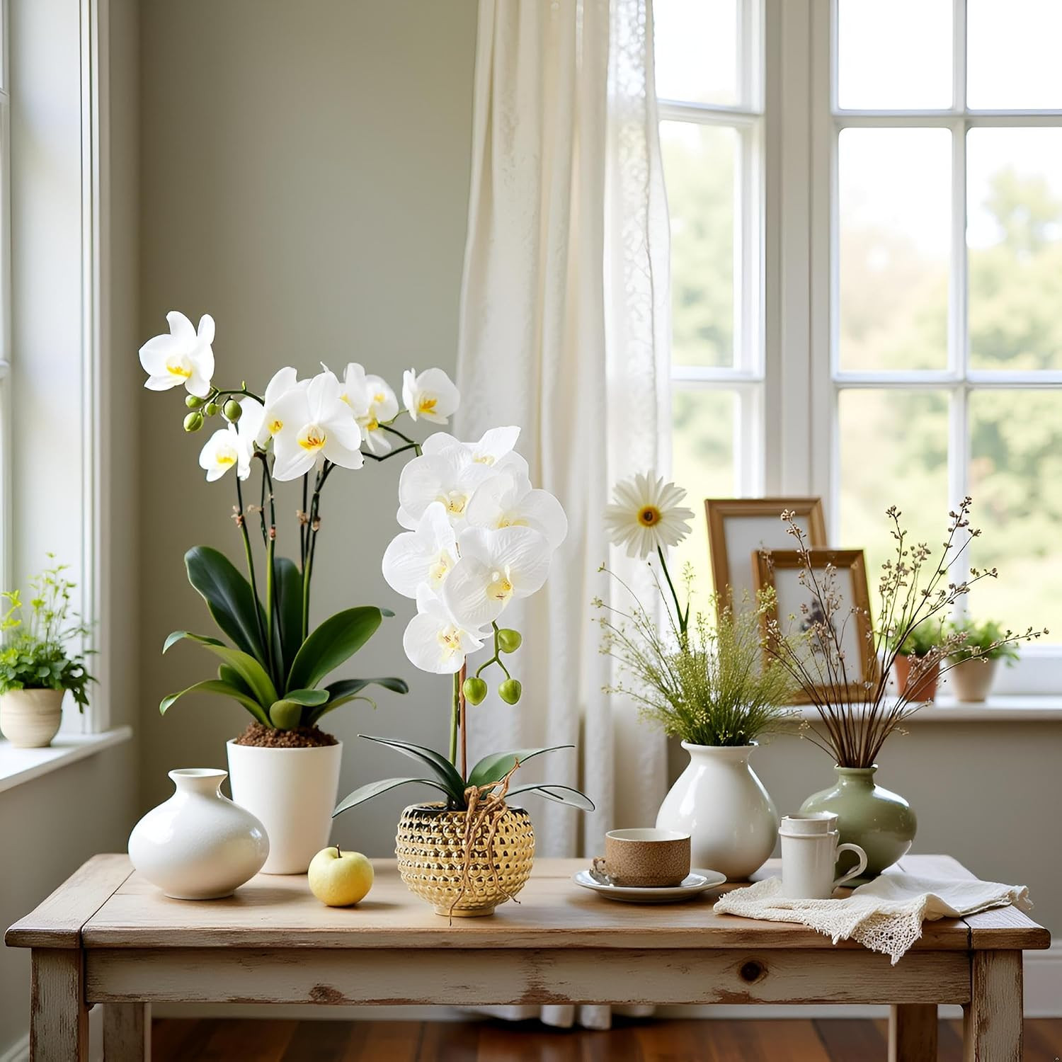 Real Touch White Orchid in Gold Pot – 15″ Faux Flower Centerpiece Decor