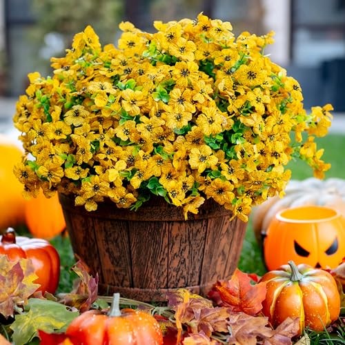 Artificial Fall Flowers for Outdoors Fake Mums – 16 Bundles Faux Plants Yellow