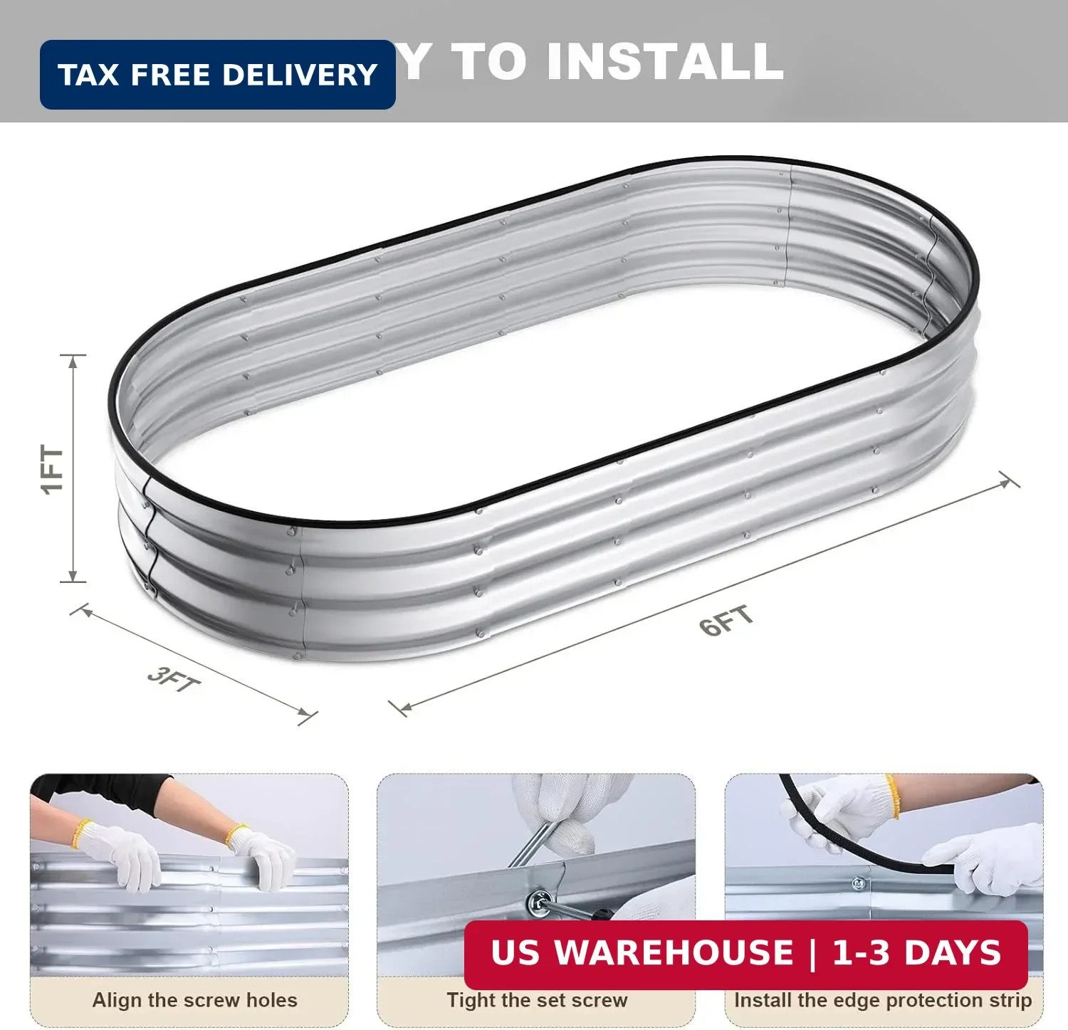 Raised Garden Bed, 6x3x1ft Galvanized Outdoor Planter Beds with Safety Edging an
