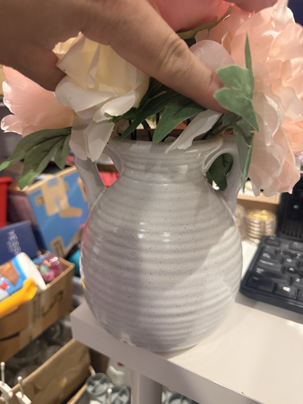 🌺 Artificial 🌹 Roses Peony Flowers Arrangement Double Handle Ceramic Vase 🆕