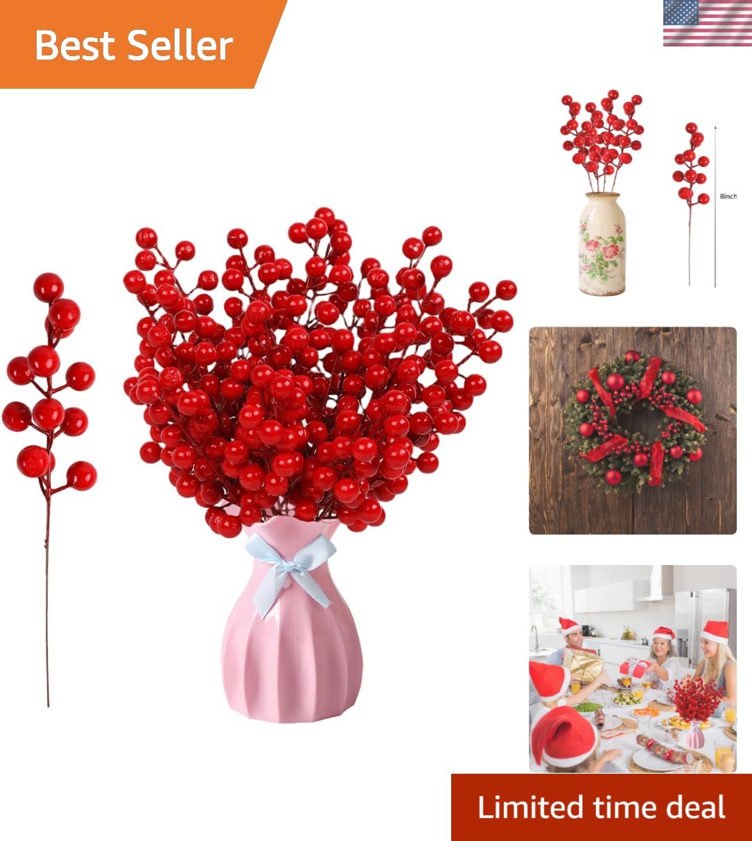 Versatile 8-Inch Artificial Red Berry Stems – Ideal for Christmas & Parties