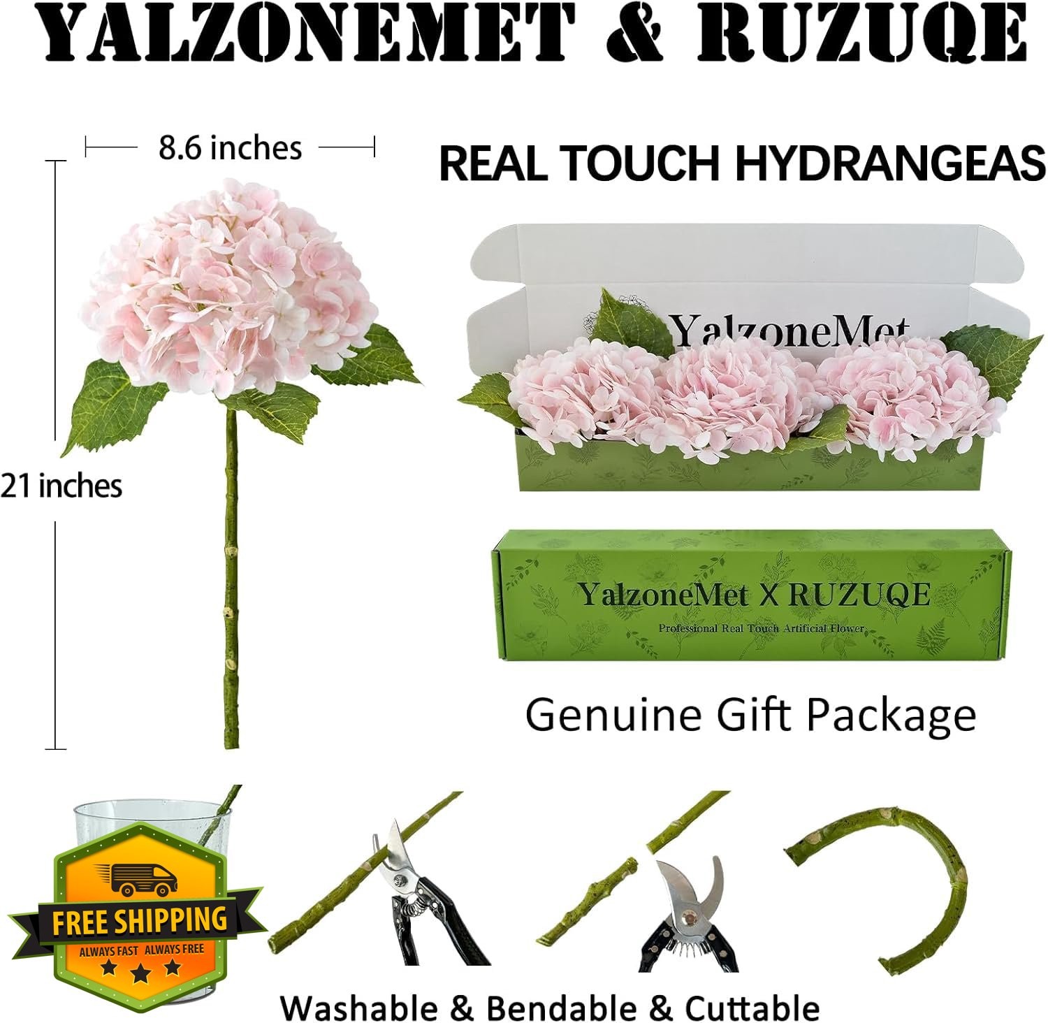 YalzoneMet 3 PC Light Pink Hydrangea Flowers, 21in Real Touch Latex