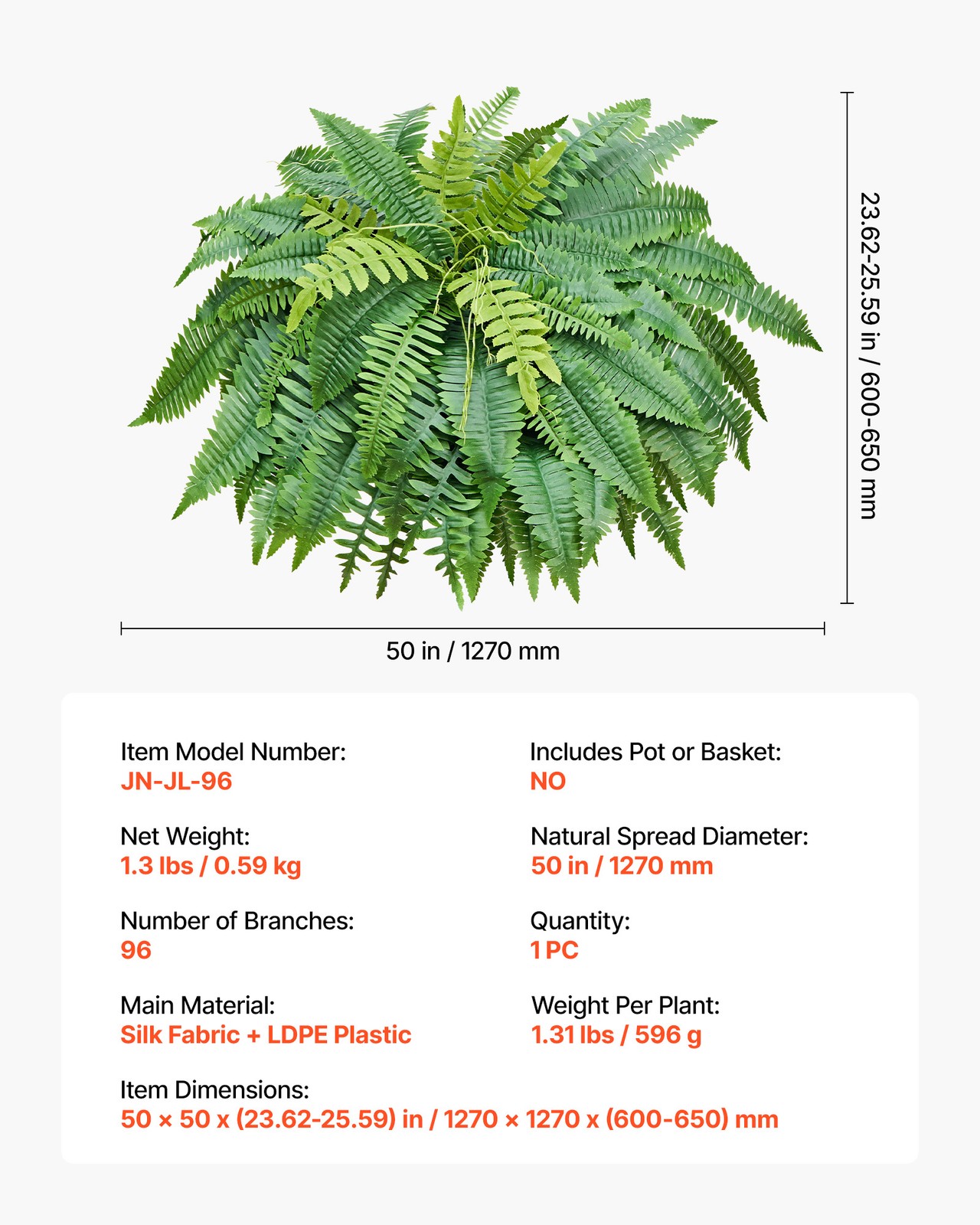 VEVOR 50″ Artificial Ferns Fake Boston Bush 96 Fronds for Indoor Outdoor Decor